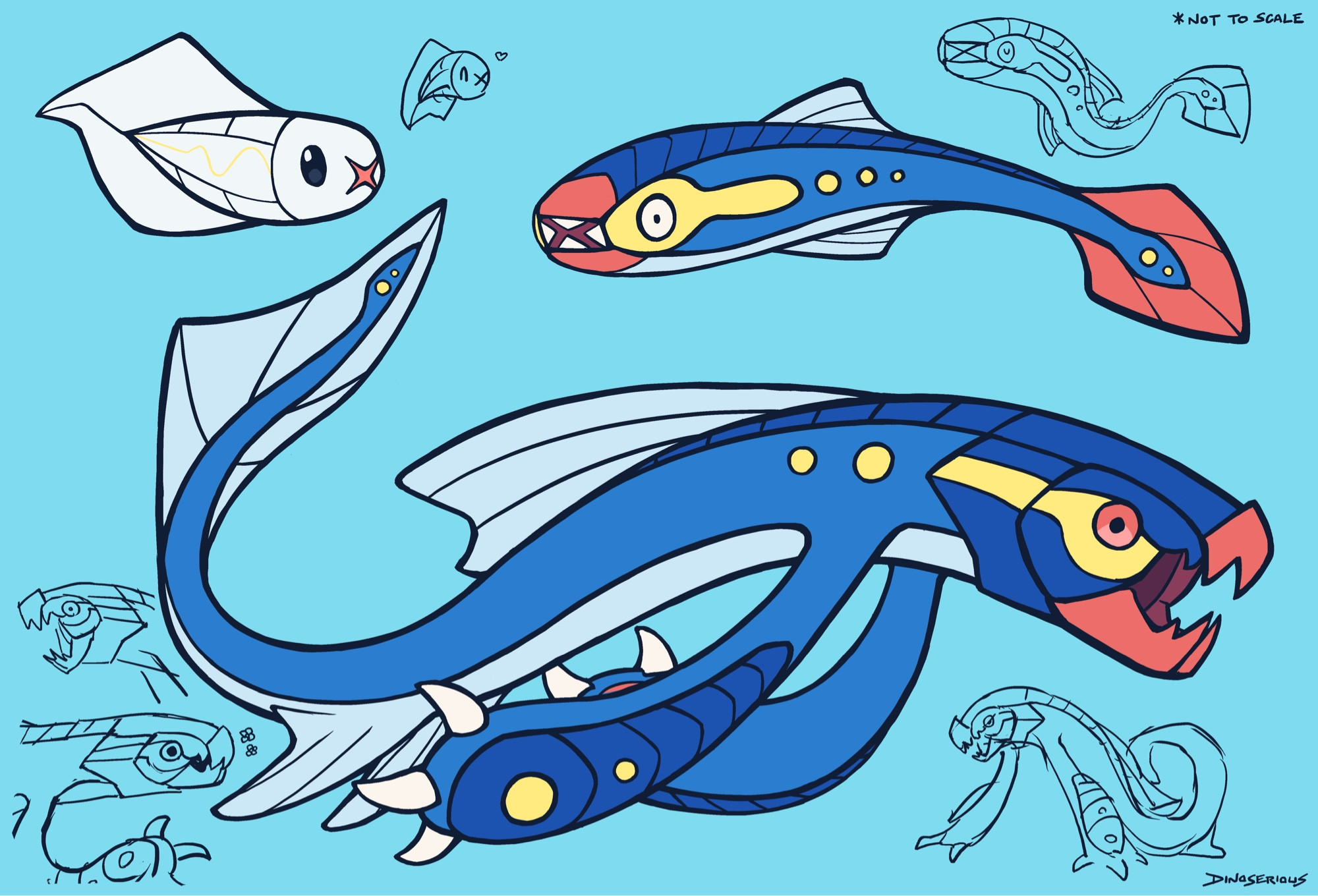 drawings of the pokemon tynamo, eelektrik, and eelektross. tynamo is canon design, while eelektrik has been altered to resemble traits of a sacabambaspis, and eelektross to resemble traits of a dunkleosteus. the palettes are mostly aligned with their canon designs, but the tan of their bellies and fins has been changed to a very pale blue. there are sketches of each of them in other poses around the main colored images. "*NOT TO SCALE" has been written in the top right corner