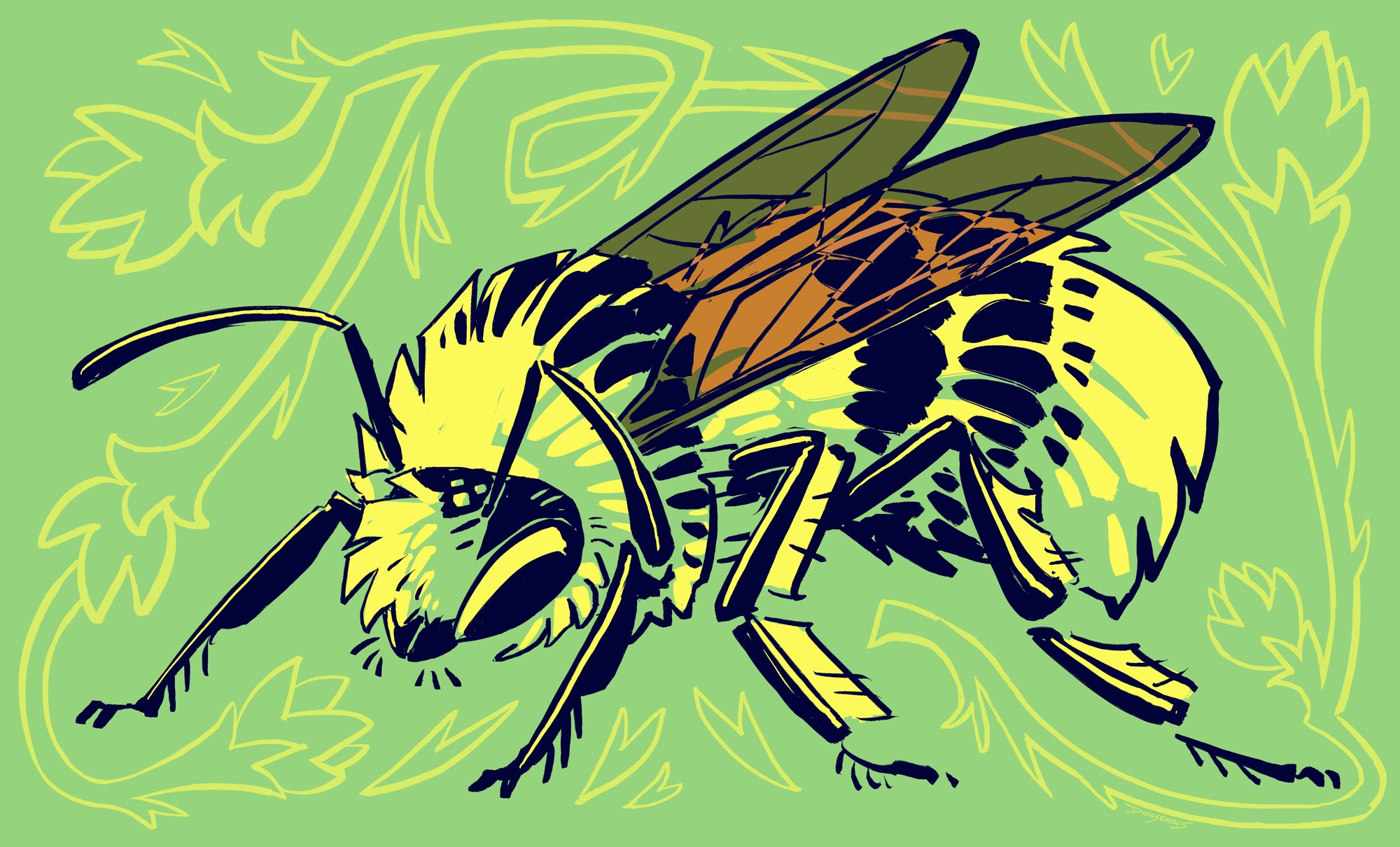 drawing of an early bumblebee standing. the lineart is thick and scratchy. there are floral heraldic-esque elements filling in the blank space around it on a pale green background