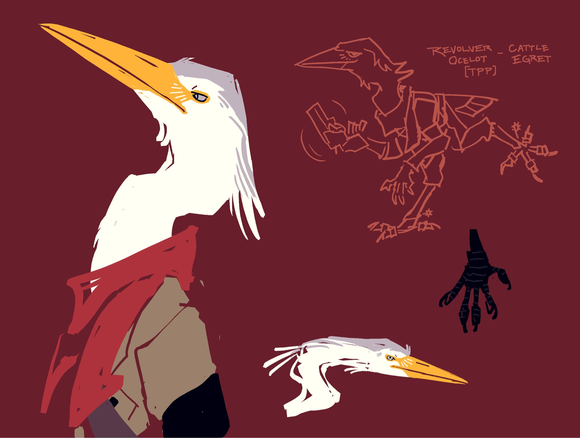 small sketchpage of revolver ocelot from metal gear as an anthro cattle egret. two sketches are color blocked bust shots, one color blocked sketch showing his hand, and a line doodle of him mid stride and twirling a revolver on a finger. he has standard cattle egret colors, aside from gray eyes and gray breeding plumage colors on his head, resembling his hair