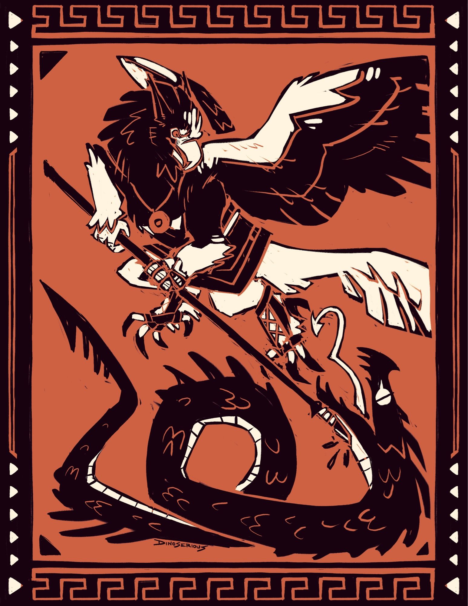 black figure pottery style drawing of an anthropomorphic eagle character in mid flight, plunging a spear into the throat of a legless serpent-like dragon on the ground beneath him. the eagle has an intense expression on his face. there is a black border on the image, geometric patterning on all sides. there is white highlighting on various areas of the image and border, and the base color is a terracotta orange