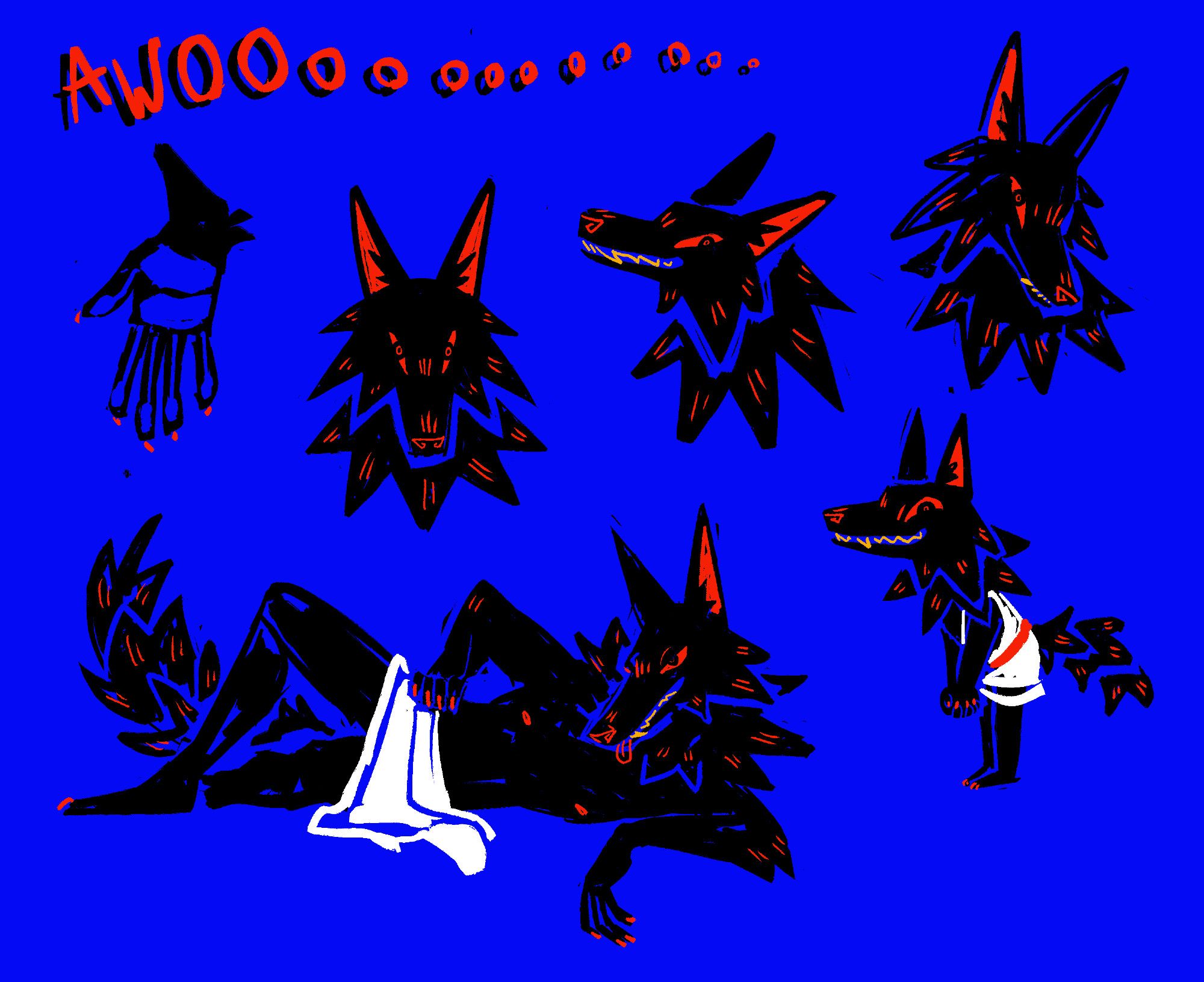 sketch page a black anthro wolf character with red details and gold teeth. there are a three headshots with varying expressions, hand details, a chibi looking mischievous, and a fullbody of him lounging nude with fabric draped over his groin. "awooooooooooooo" is written in black and red in the top left, and the background is a bright blue