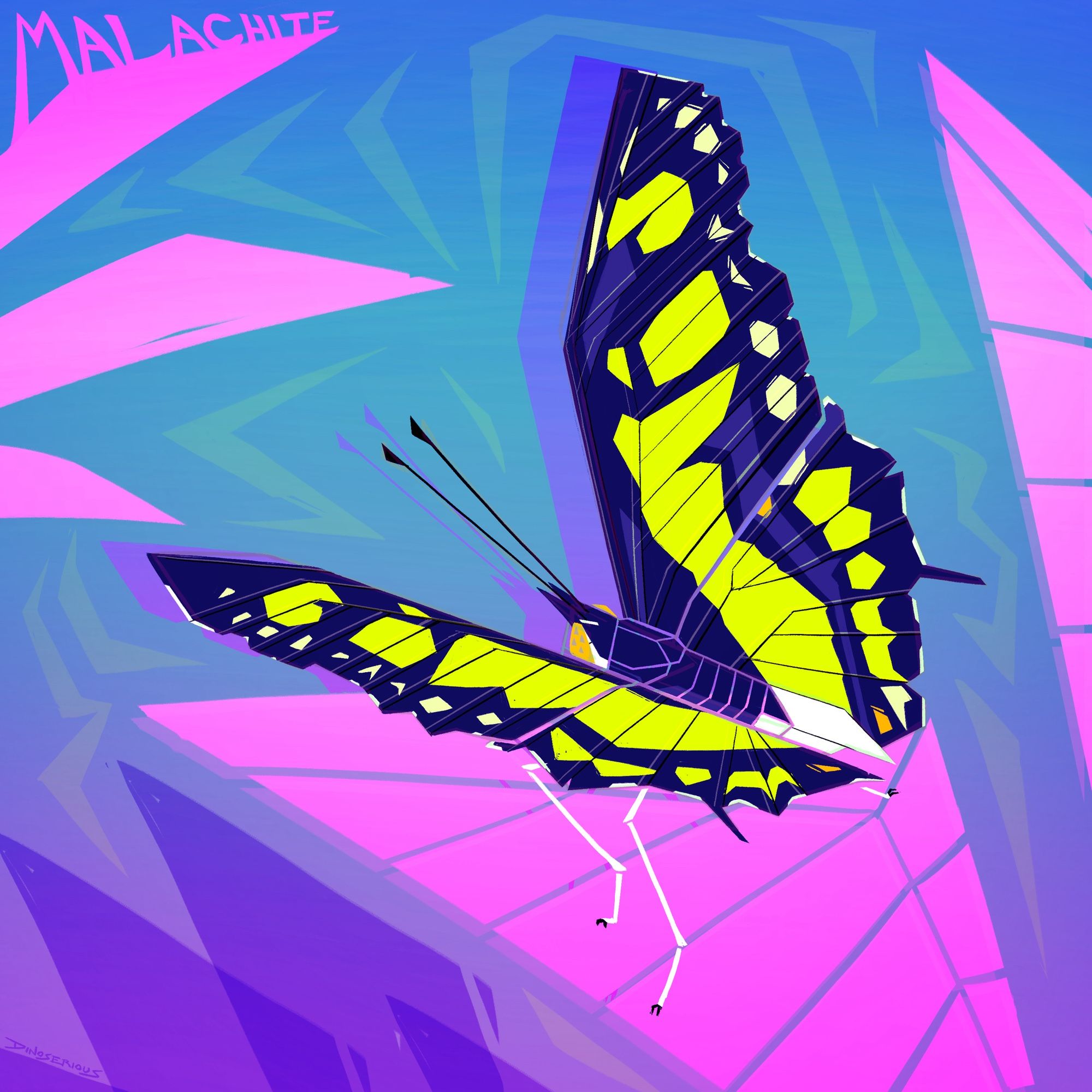 geometric drawing of a malachite butterfly on a leaf. the green of the butterfly is in neon, with the background having a blue/pink vaporwave-esque color scheme. malachite is written in stylized pink lettering in the top left