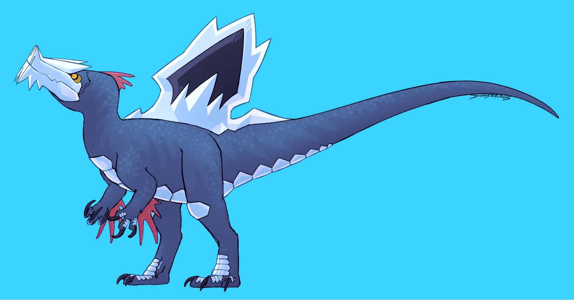 the pokemon baxcalibur drawn with a more "accurate" theropod anatomy and posture, taking mostly from its real life inspiration, concavenator. the backdrop is a solid bright light blue