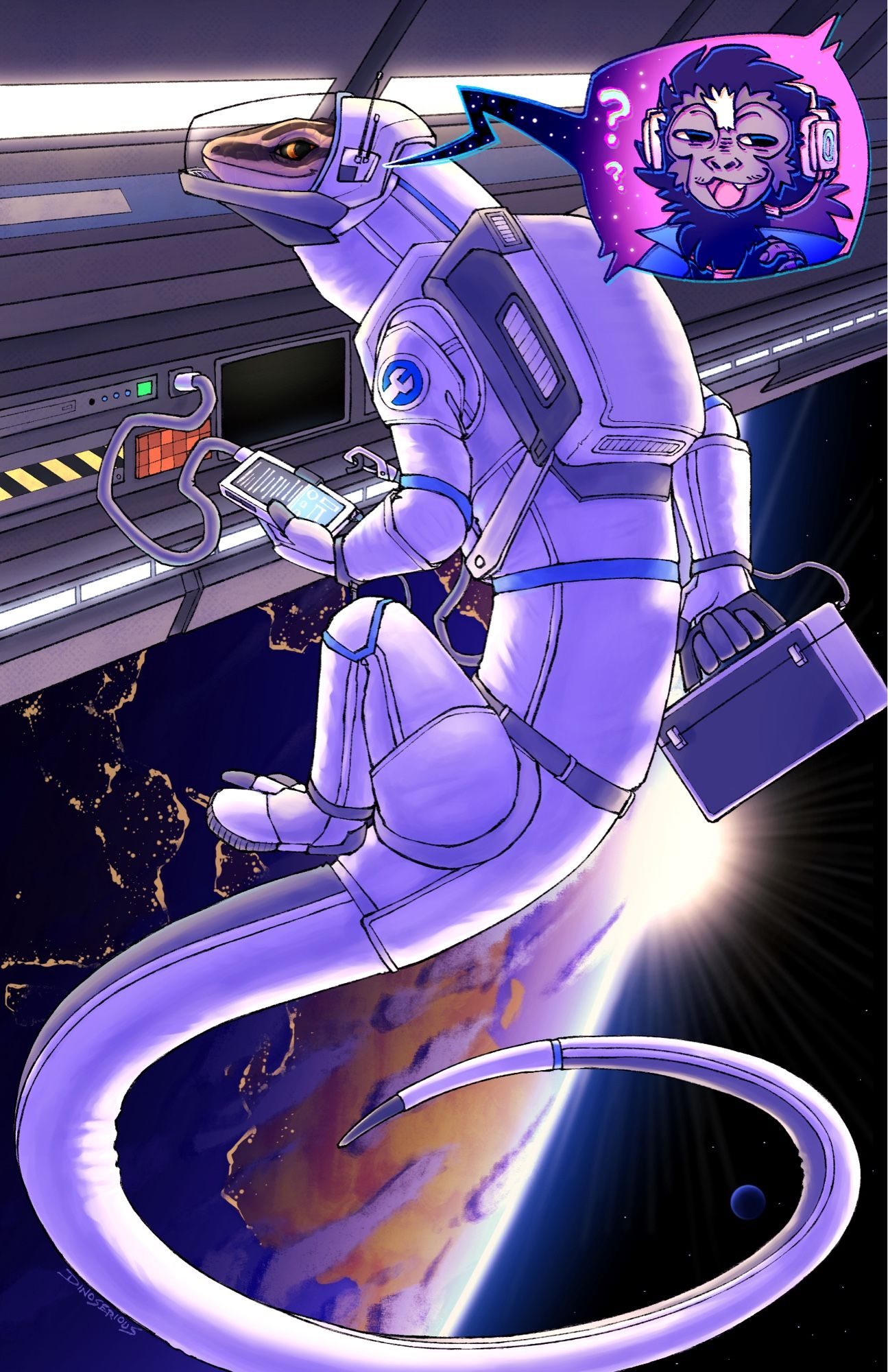 illustration of a anthropomorphic skin character in a space suit doing minor maintenance check on the outside of a space station. they are in front of a small console on the side of the station, with a handheld device in hand plugged in, showing a readout. they are holding a toolbox in the other hand. they are smiling, attention taken off of the handheld. there is a speech bubble coming from their helmet radio, showing a spider monkey character with a playfully questioning expression on her face. behind the station, there is a planet experiencing sunrise filling the rest of the screen