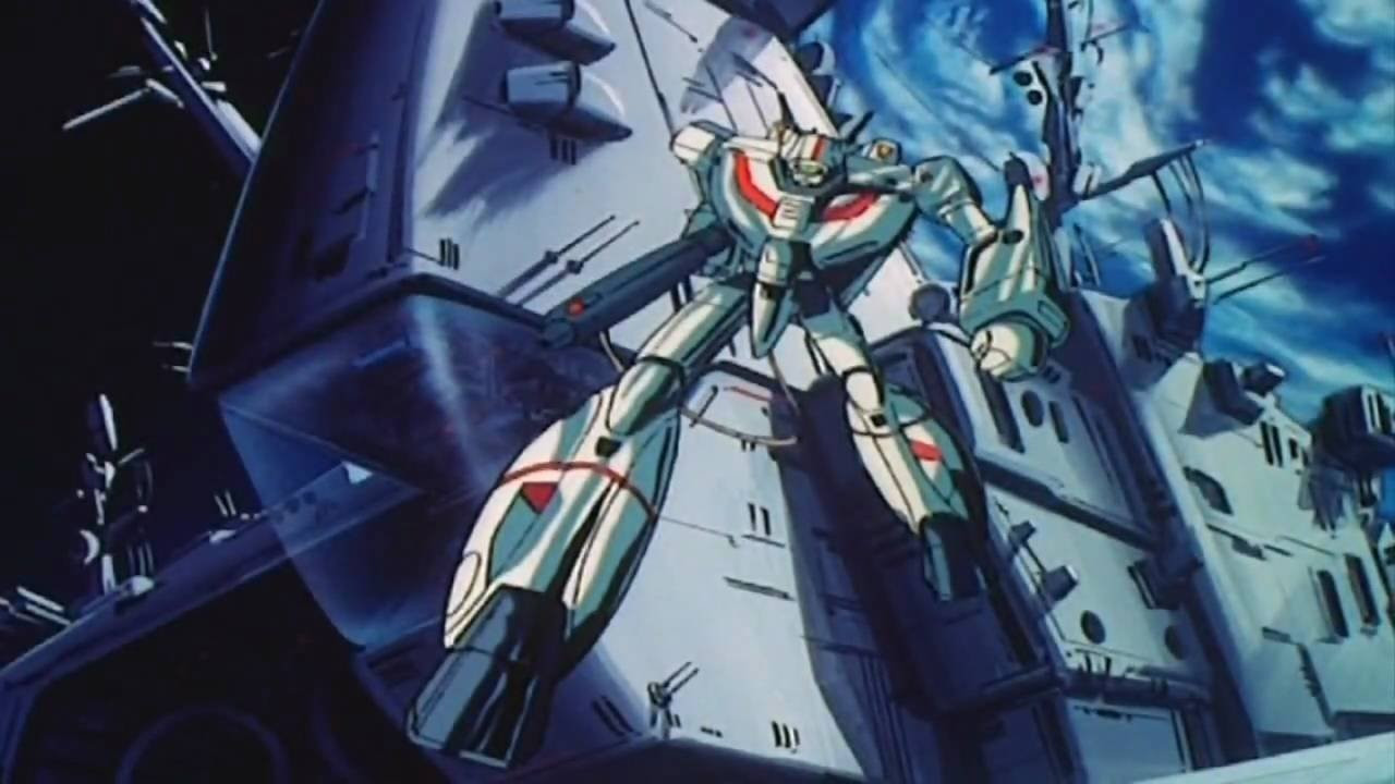 Screenshot del opening de SDF Macross con el VF-1J de Hikaru.