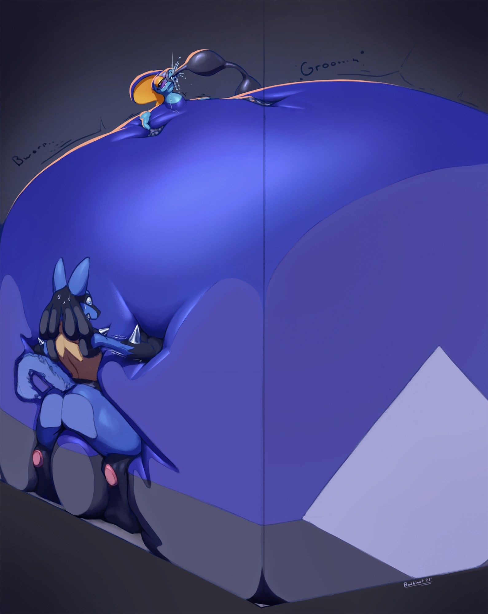 A pic of Torta the Lucario trapped in a room with the inflating Inteleon Poha.