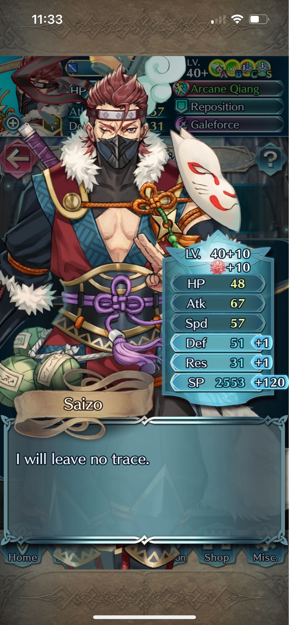 Ninja Saizo from Fire Emblem Heroes, +10 merges achieved