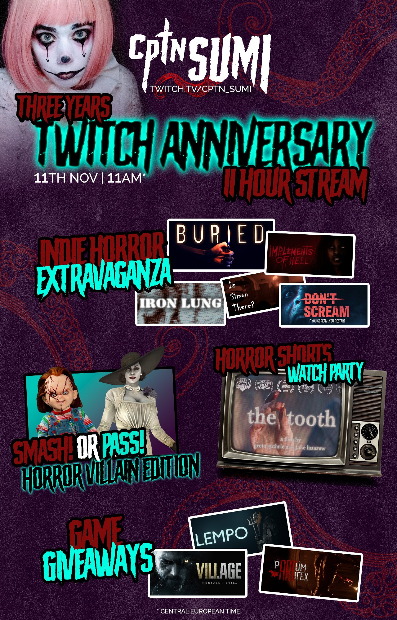 3 years twitch anniversary! Playing indie horror games, smash or pass horror villain edition, watch party: Horror short films, game giveaway Lempo, Resident Evil Village, Partum Artifex