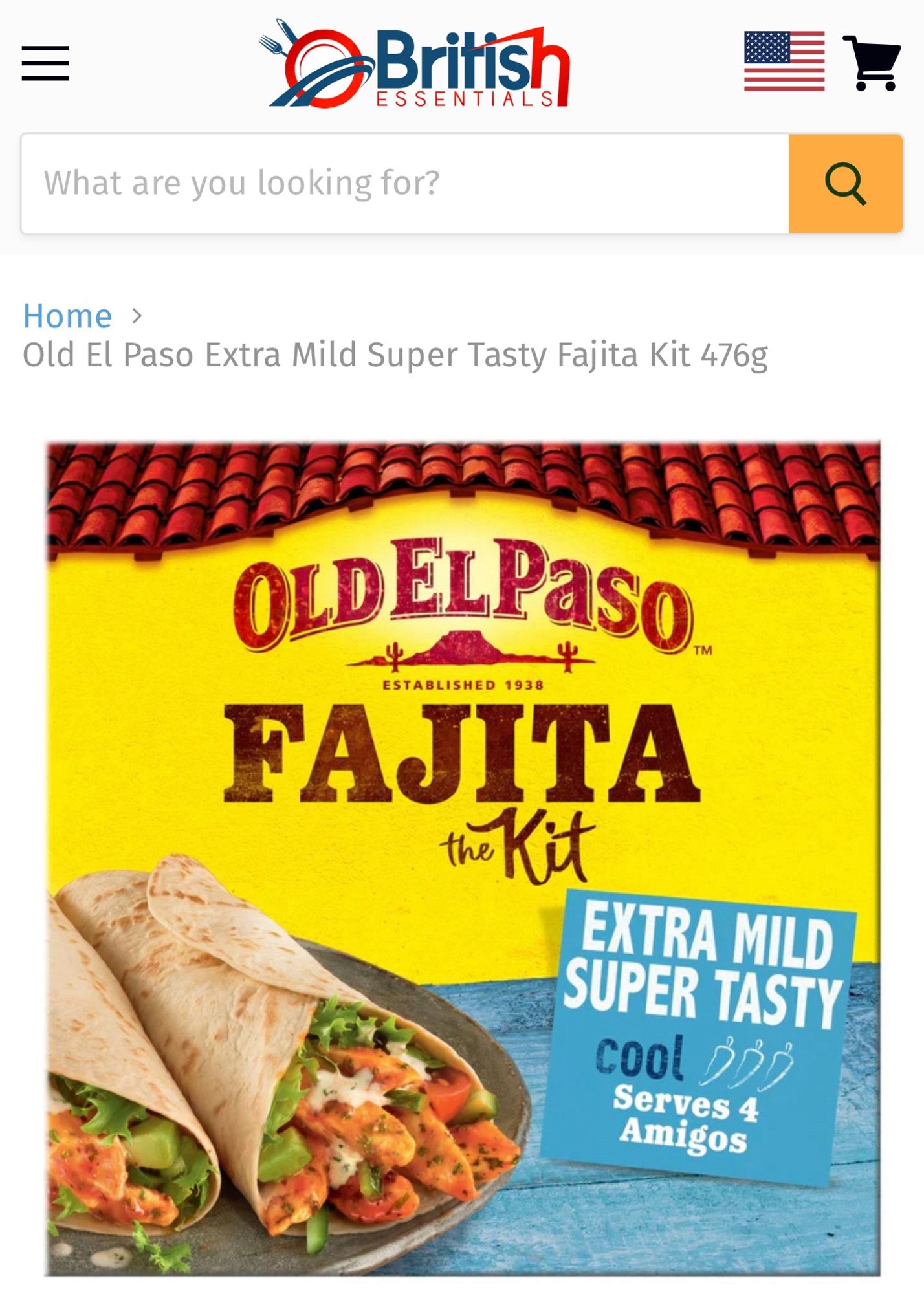 screenshot of british essentials dot com selling an old el paso-brand fajita kit that says “extra mild, super tasty, serves 4 amigos,” with a spice level of cool (0/3 chili peppers)