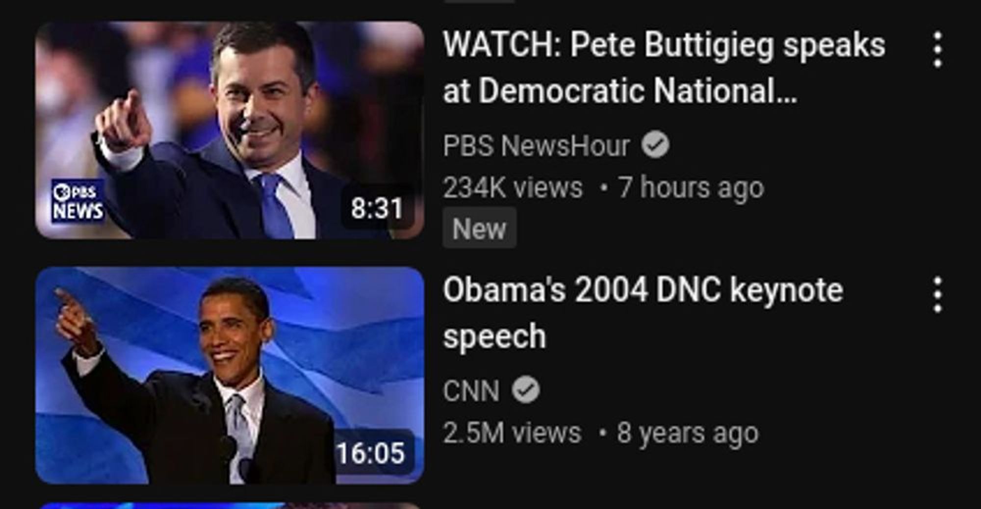 Two YouTube thumbnails, of Pete Buttigieg's speech at 2024 DNC and Obama's speech from 2004 DNC. They are making an identical pointing gesture.