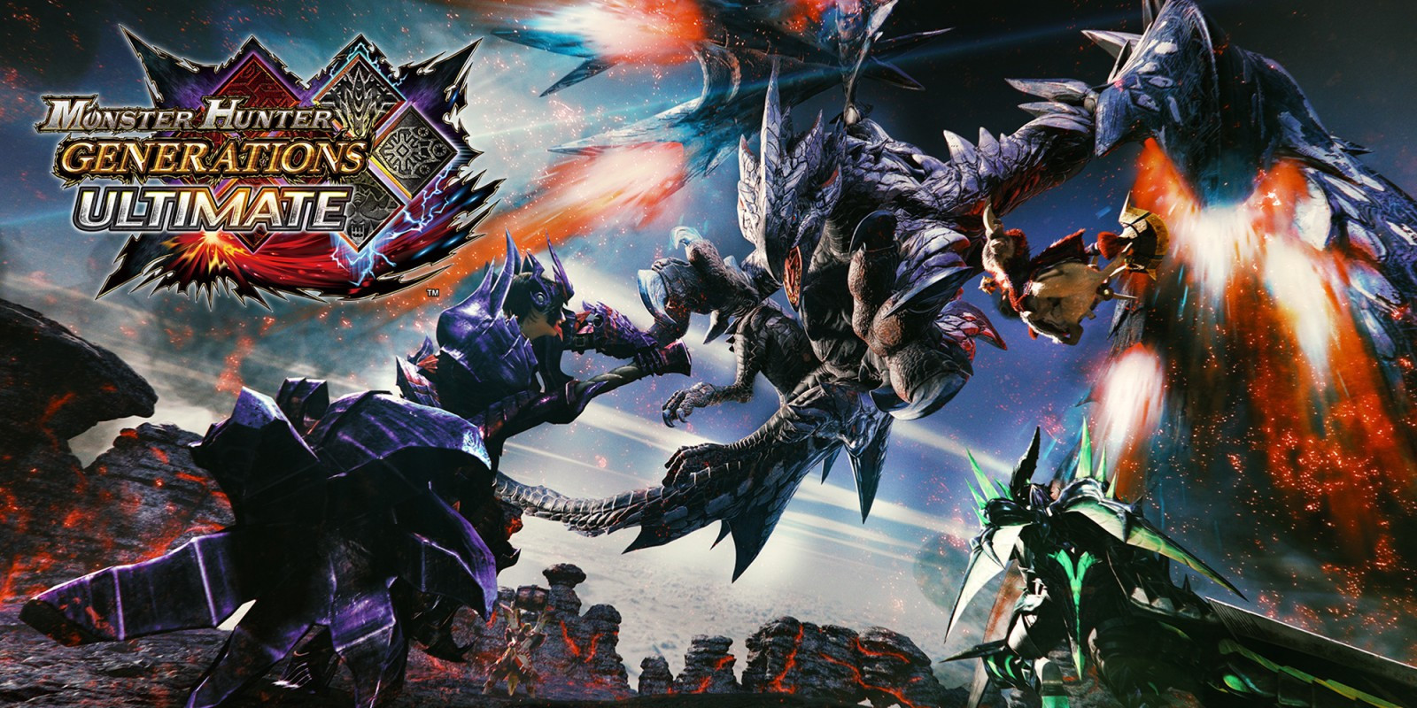 The title placard for Monster Hunter Generations Ultimate, featuring several hunters facing off against the dangerous Elder Dragon, Crimson Glow Valstrax, whose wings appear to be emitting heated flames-- which gives the community joke of how the dragon "identifies as a fighter jet".