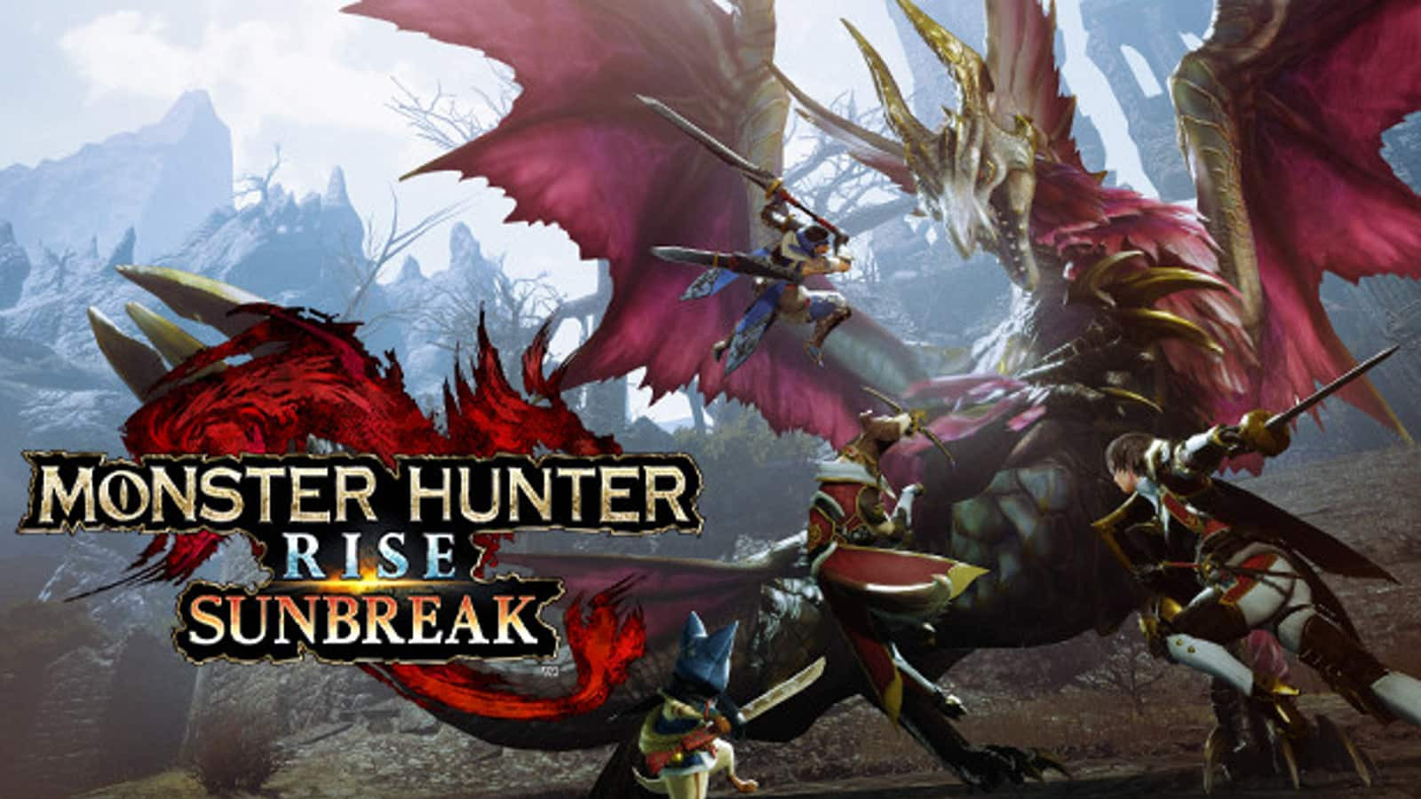 The title placard for Monster Hunter Rise: Sunbreak, featuring three hunters with various weapons and a Palico (the cat creature with a sword) facing off against the Elder Dragon, Malzeno, whose flamboyant red wings and skull-like head give it the nickname of the "vampire dragon".