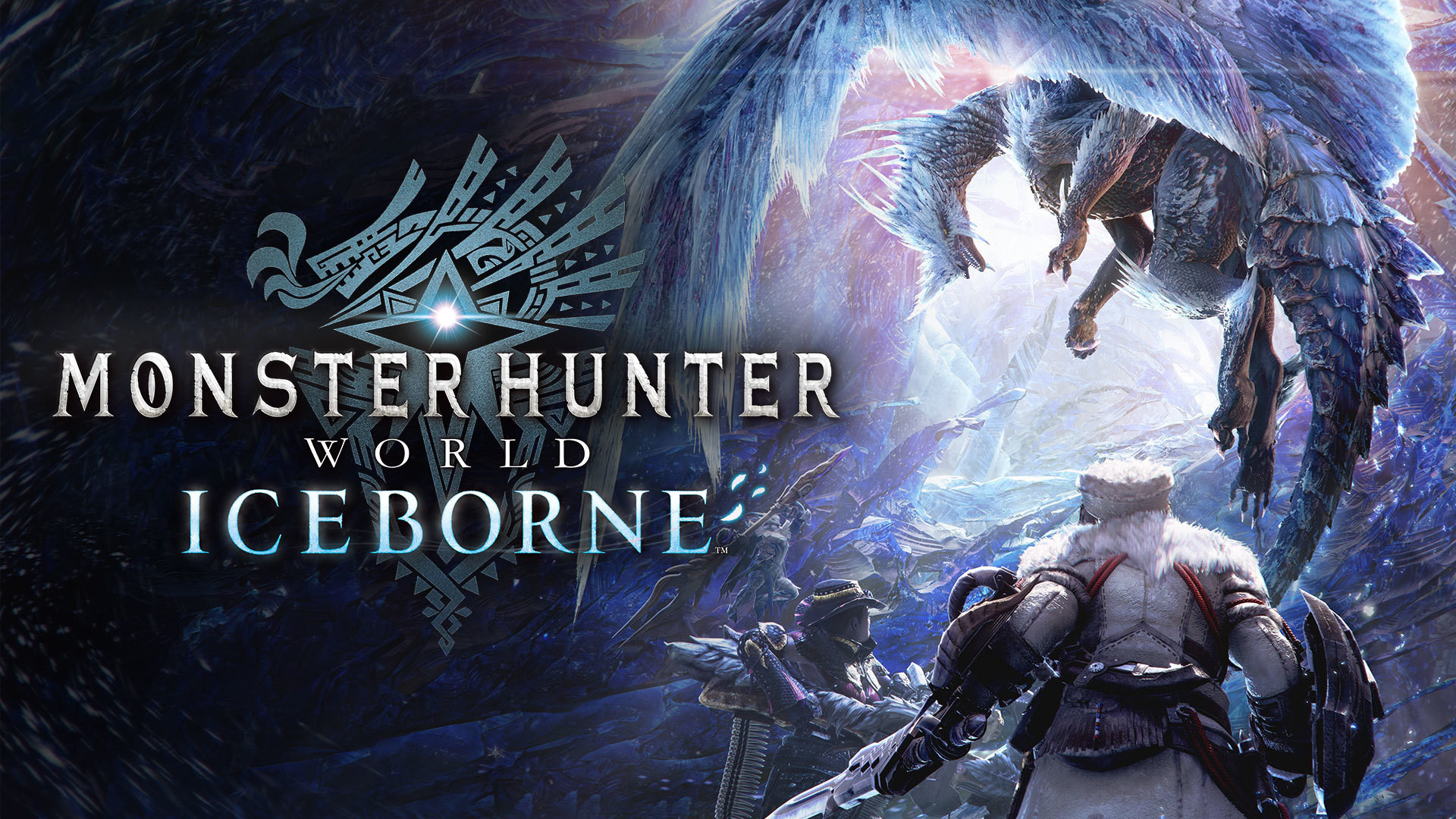 The title placard for Monster Hunter World: Iceborne, with three hunters moving in on the Elder Ice Dragon, Velkhana. She doesn't look too happy to have hunter company.