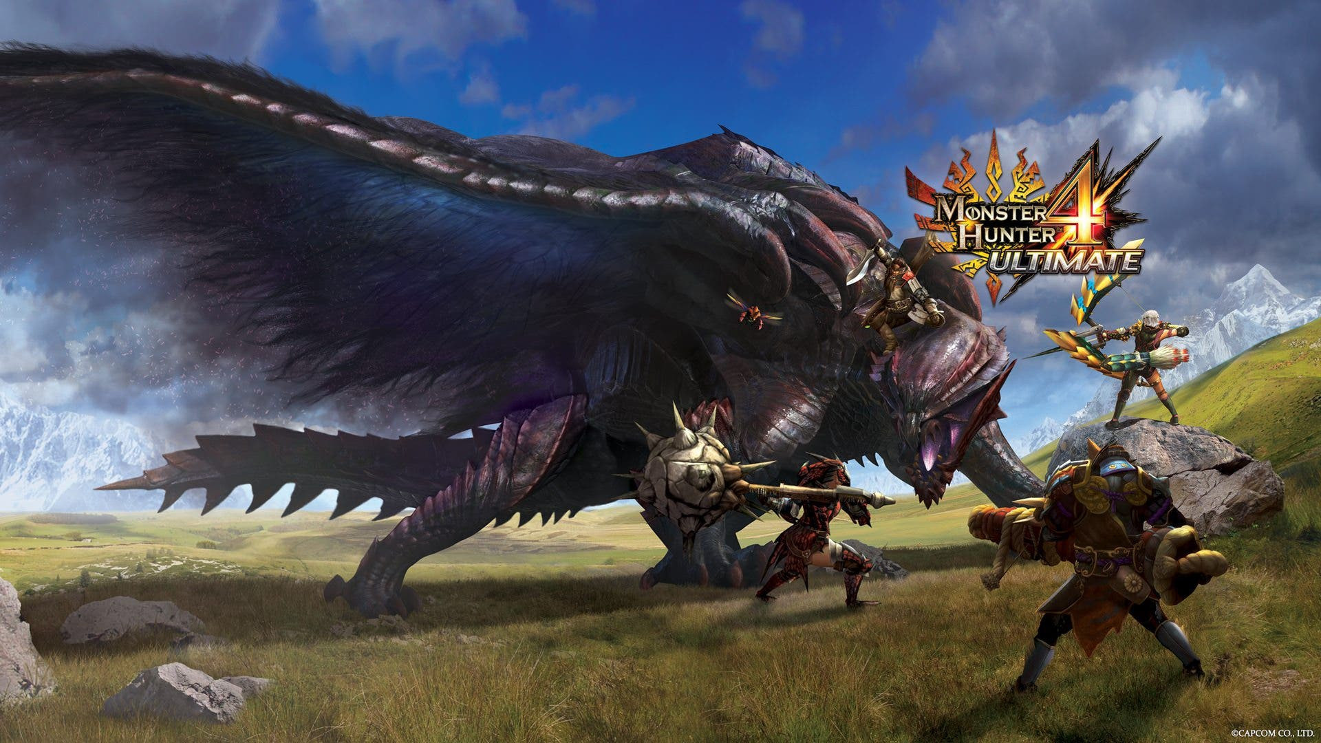 The title placard for Monster Hunter 4 Ultimate, with four hunters of various weapons fighting the dread dragon Gore Magala, whose shimmering black wings seem to dissipate in the wind, spreading a deadly virus as it goes.