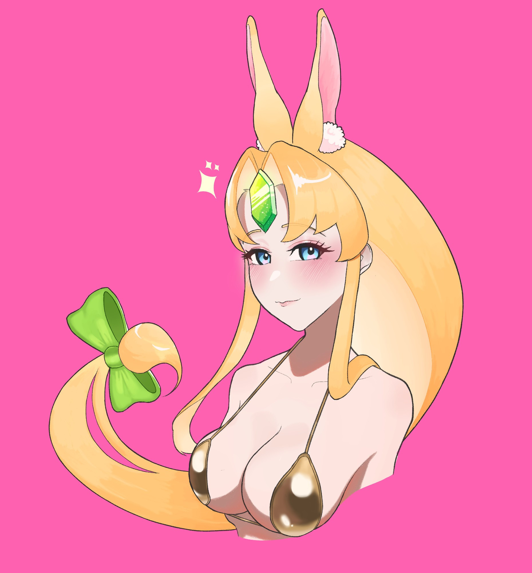 Rabbit Riesz wearing Golden bikini with pink background