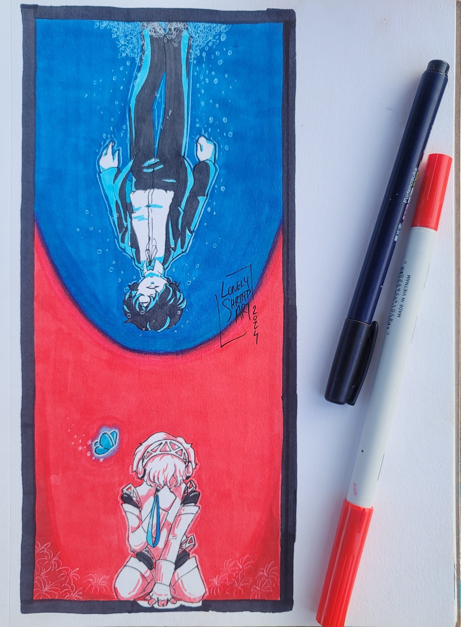 A traditional art piece of Aigis and Minato from Persona 3. Minato, upsidedown against a blue background, seems suspended as if he's just plunged underwater. Conversely Aigis, against a red back drop, kneels hunched over the mp3 player in her hand, it's lanyard and the glowing blue butterfly the only things cutting the reds of her section. 
Beside the piece are a double ended red marker and a black brush pen. 