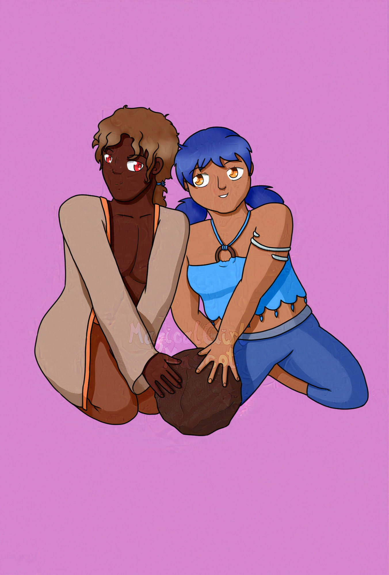 digital drawing of two young adults, a man on the left and woman on the right. He has curly brown hair in a low pony, an open brown shirt, and red eyes, and she has blue pigtails, a light blue halter top, and a silver circlet around her left bicep. They're both kneeling, leaning slightly into each other and smiling at each other, each with a hand reaching out to sit on a round stone.