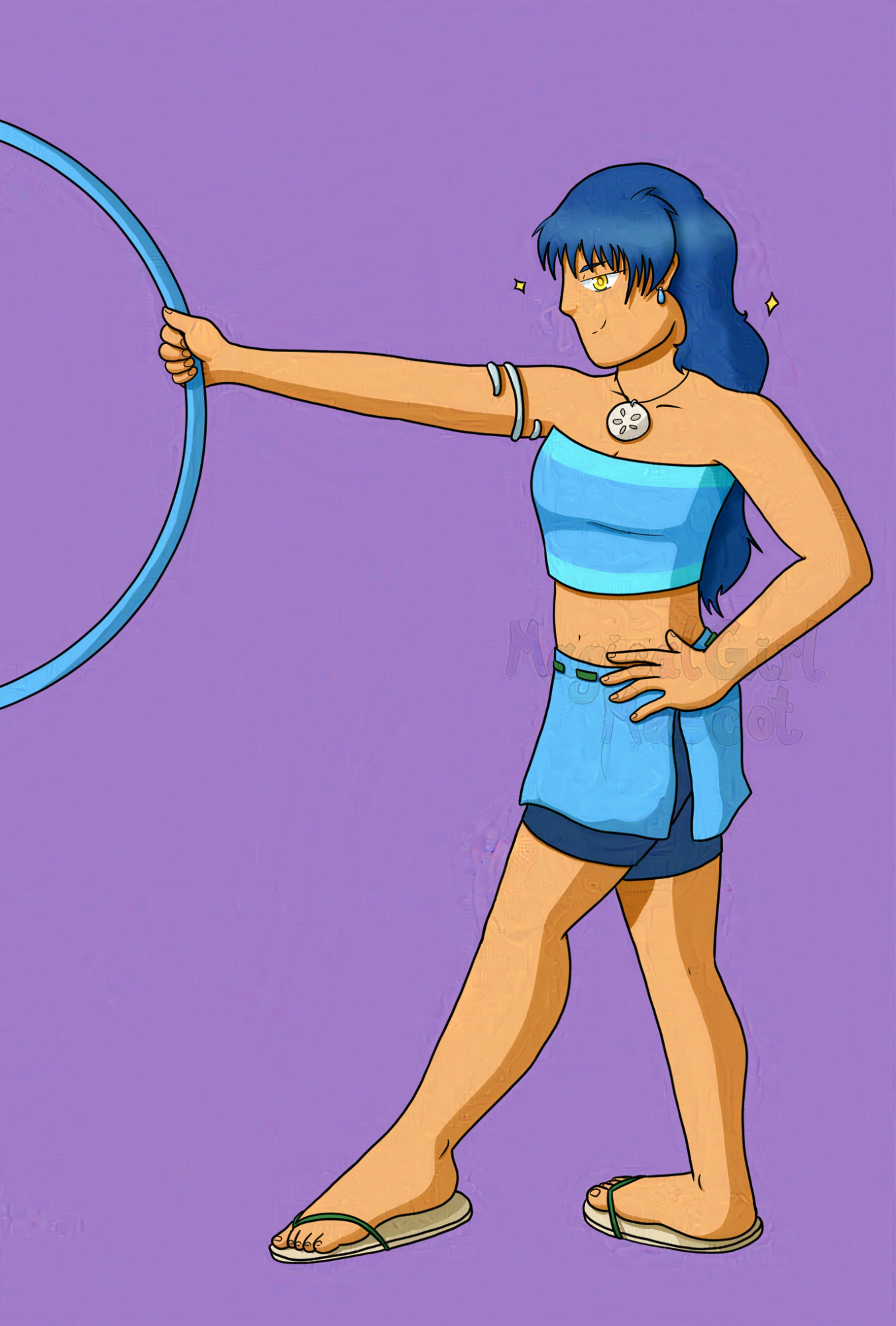 digital drawing of a young woman with long blue hair, wearing a blue tube top, swim wrap, and shorts. She's facing to the side, one hand on her hip and the other held straight out, holding a large hoop, with one leg forward and her foot pointed. She's smirking towards the viewer with little sparkles by her face.