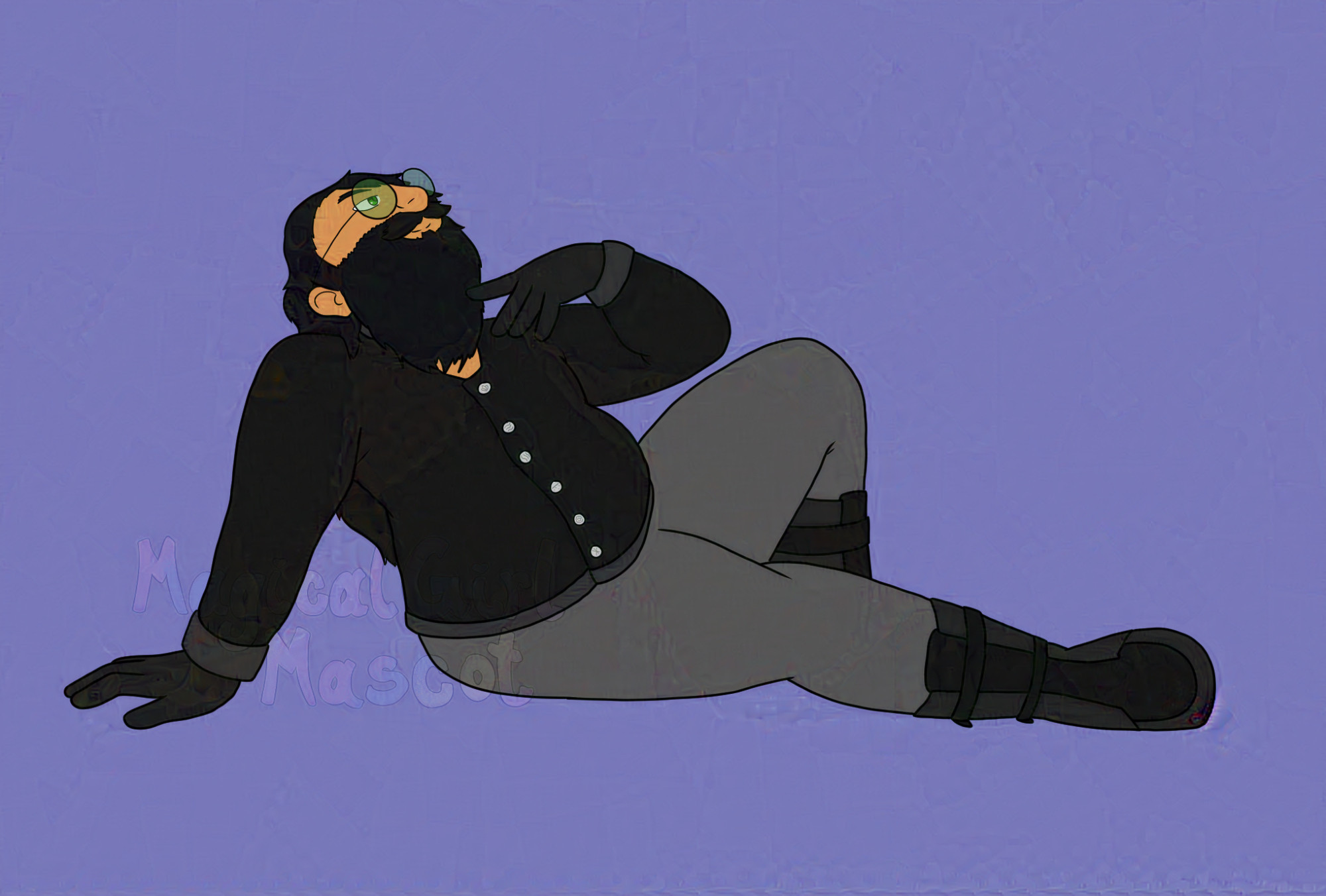 digital drawing of a fat man with long black hair and a bushy beard, wearing a black jacket buttoned up the front, tight grey pants, and black boots and gloves. He's sitting reclining back, leaning on one hand with the other gently touching his shoulder. He's looking up, smiling.