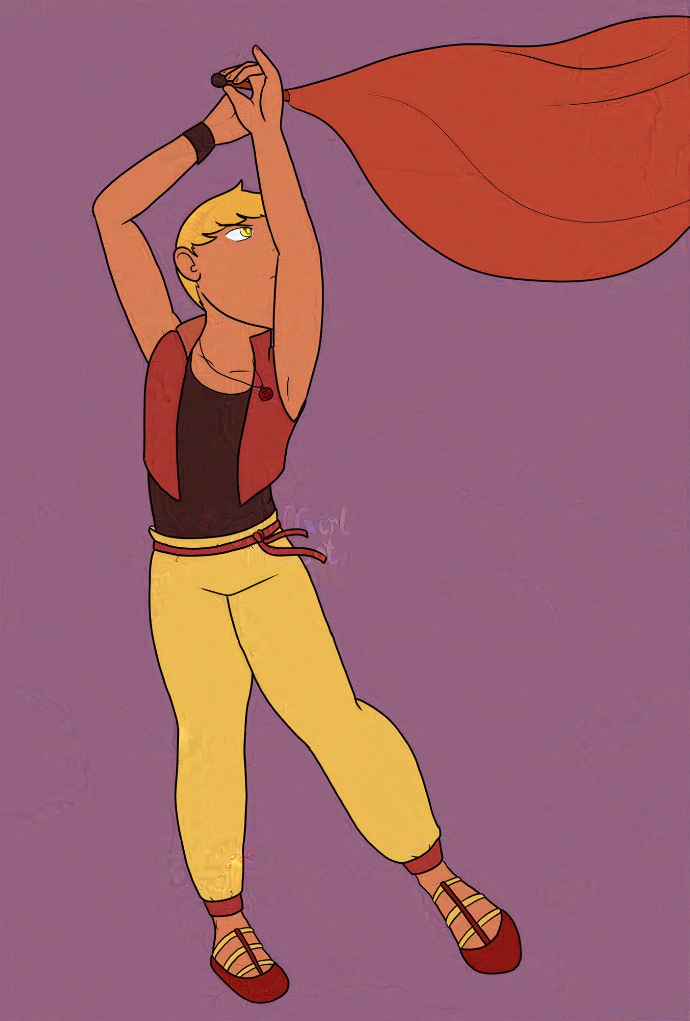 digital drawing of a young man with a slender build, short blonde hair, a red vest, and yellow pants. He's got both arms up over his head, holding onto the pole of an orange flag he's waving over his head, looking up towards it with a serious frown.