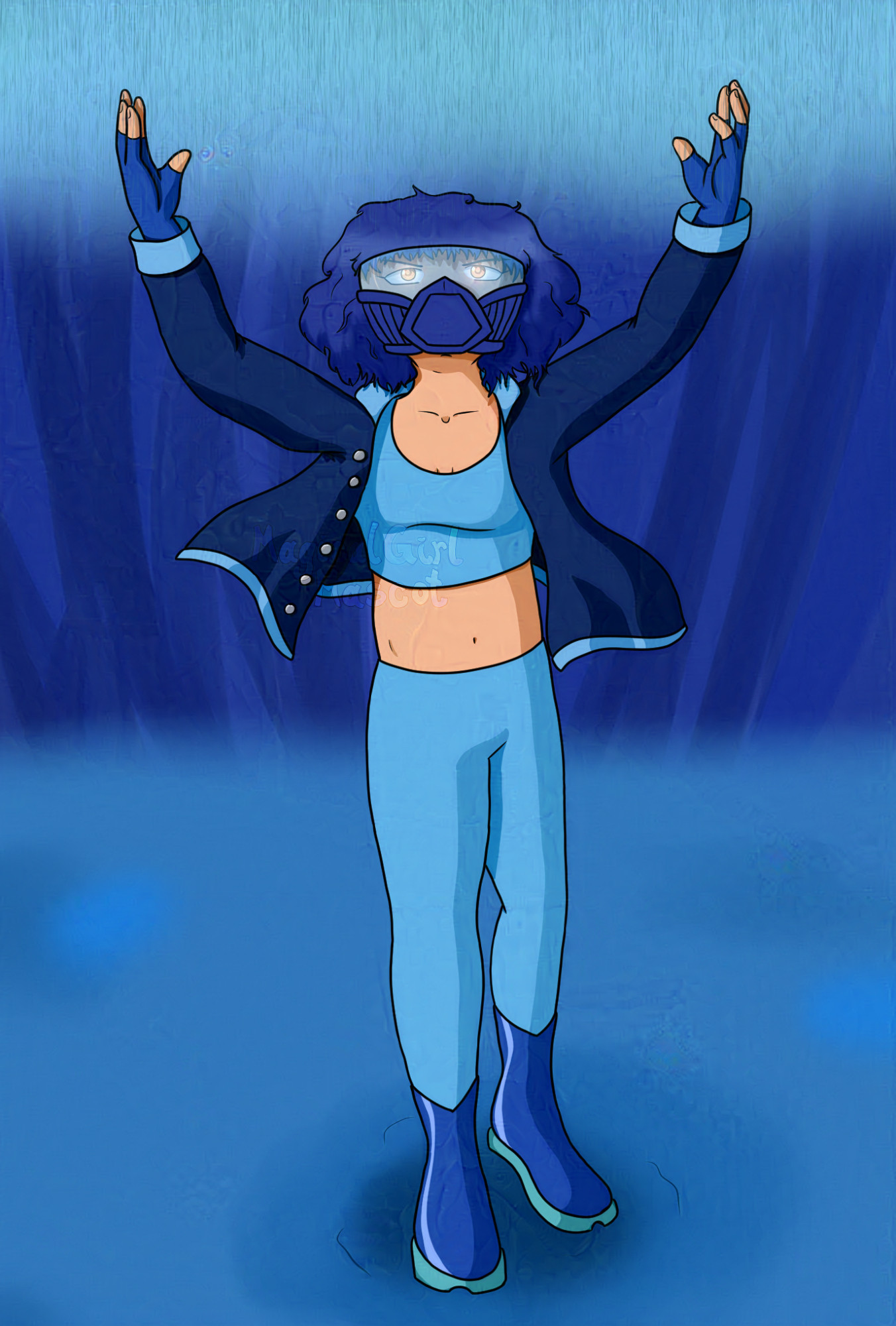 digital drawing of a young woman with short wavy blue hair, glowing orange eyes, an open dark blue jacket over a light blue swim top and pants, a blue visor and blue breathing device. She's got both arms up over her head, and behind her rises a wave of water.