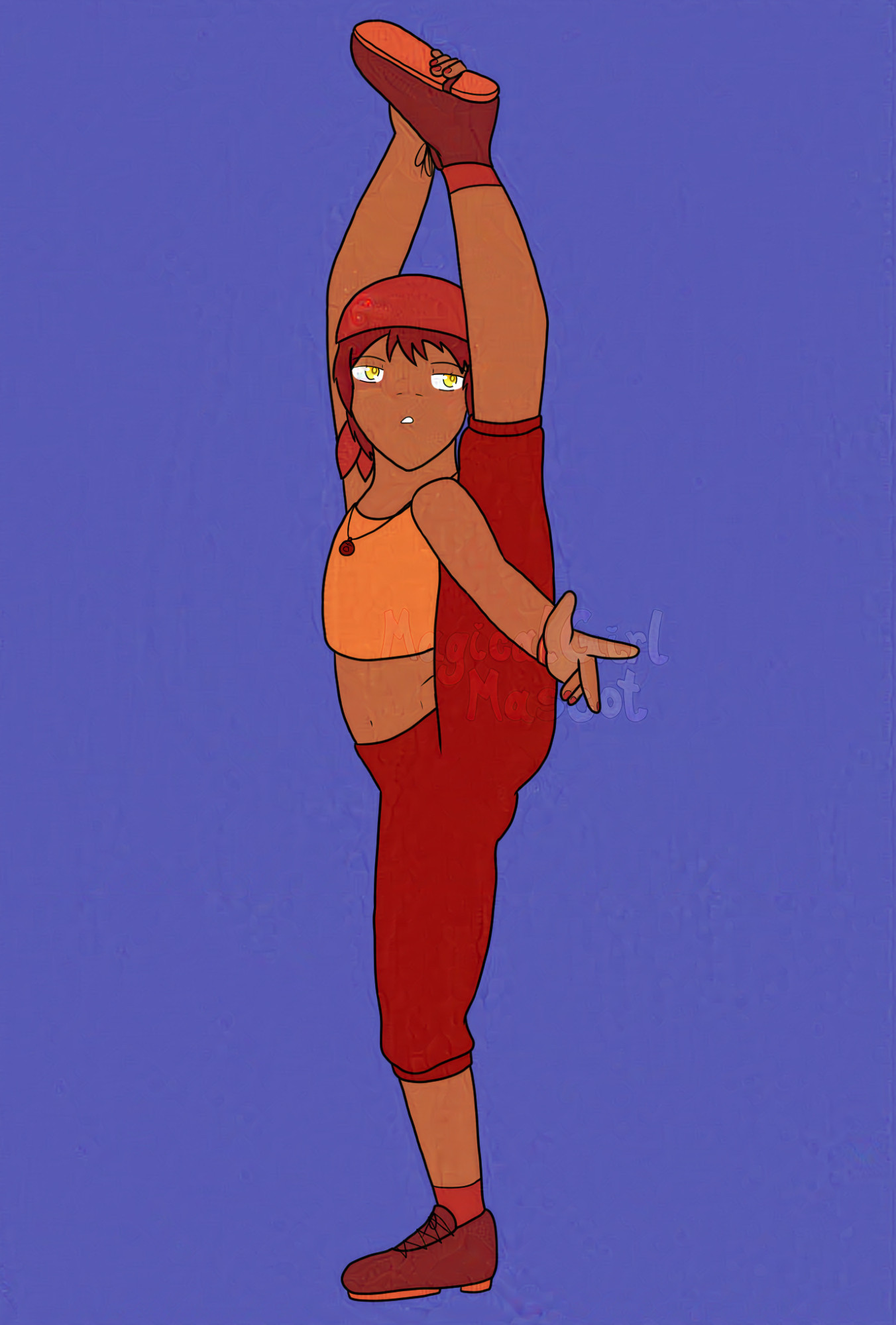 digital drawing of a young person with shaggy red hair, wearing a red bandana, orange crop tank top, and red pants, stretching a leg over their head and holding their foot, while their other arm balances the raised leg.