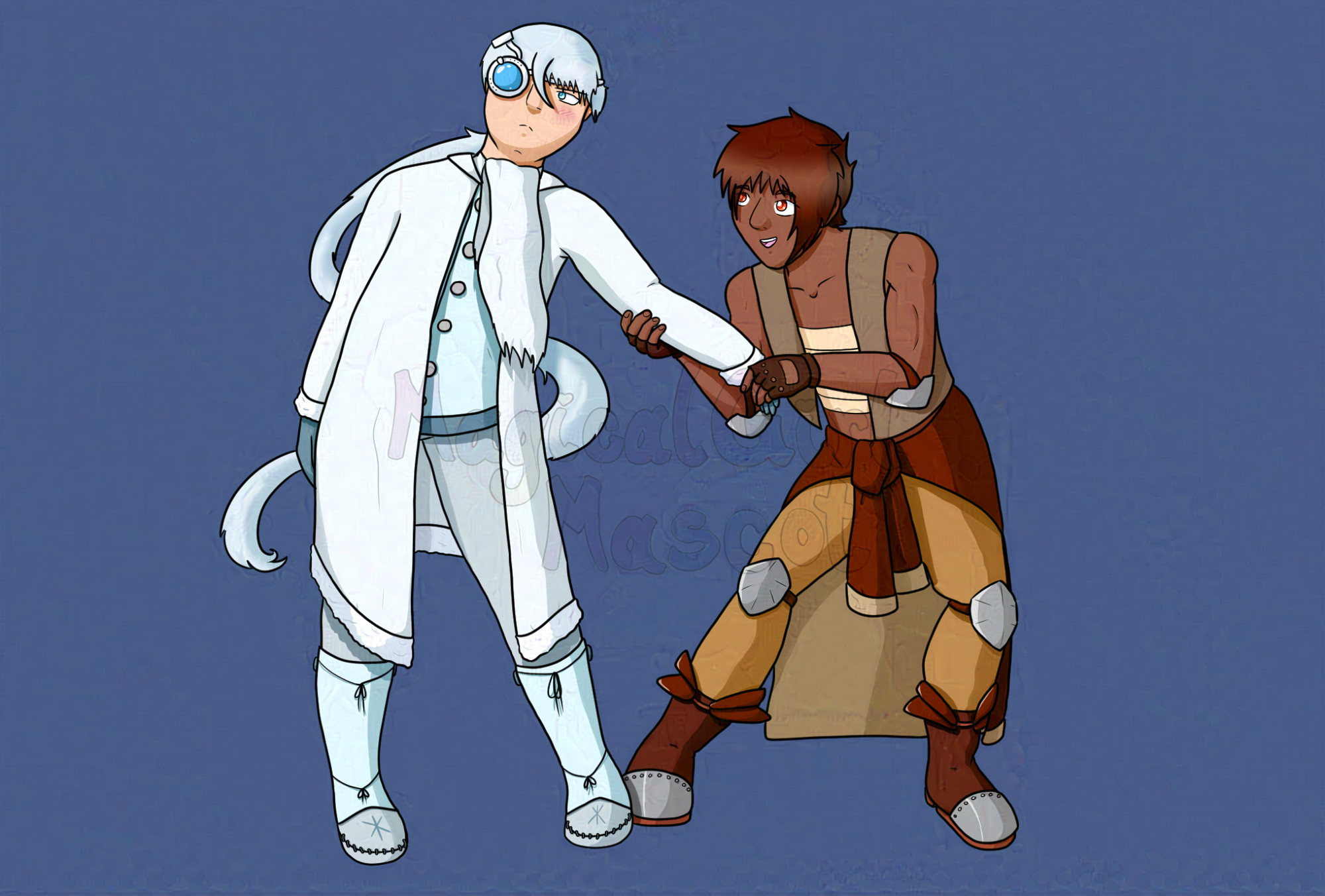 digital drawing of two young men (Kopaka and Pohatu). Kopaka, on the left, has a long white ponytail, white and blue eyepiece over his right eye, and a long white coat. Pohatu, on the right, has short, messy brown hair, a cropped brown vest, and a long brown coat tied around his waist. Pohatu is tugging on Kopaka's arm, smiling up at him, while Kopaka leans away from him, frowning, looking away, and slightly flushed.