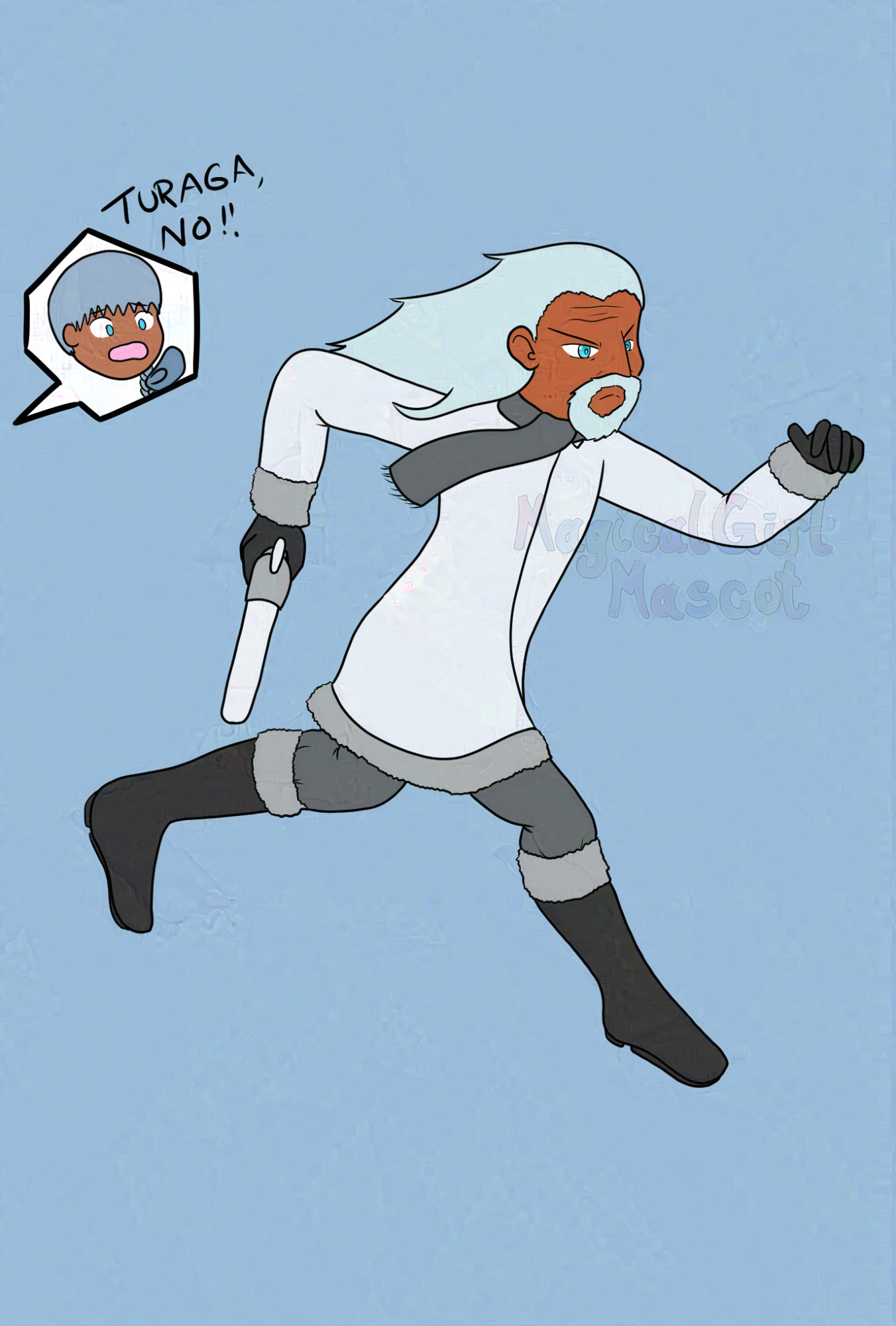 digital drawing of an older man with long white hair and a short goatee, wearing a long white coat and tall grey boots. He's running forward, holding a gun in one hand with a determined and angry expression. Off to the left, in a small word balloon, is a chibi drawing of a younger man with a long sand blue braid, holding up a hand and making a panicked expression, next to which are the words "TURAGA NO!!"