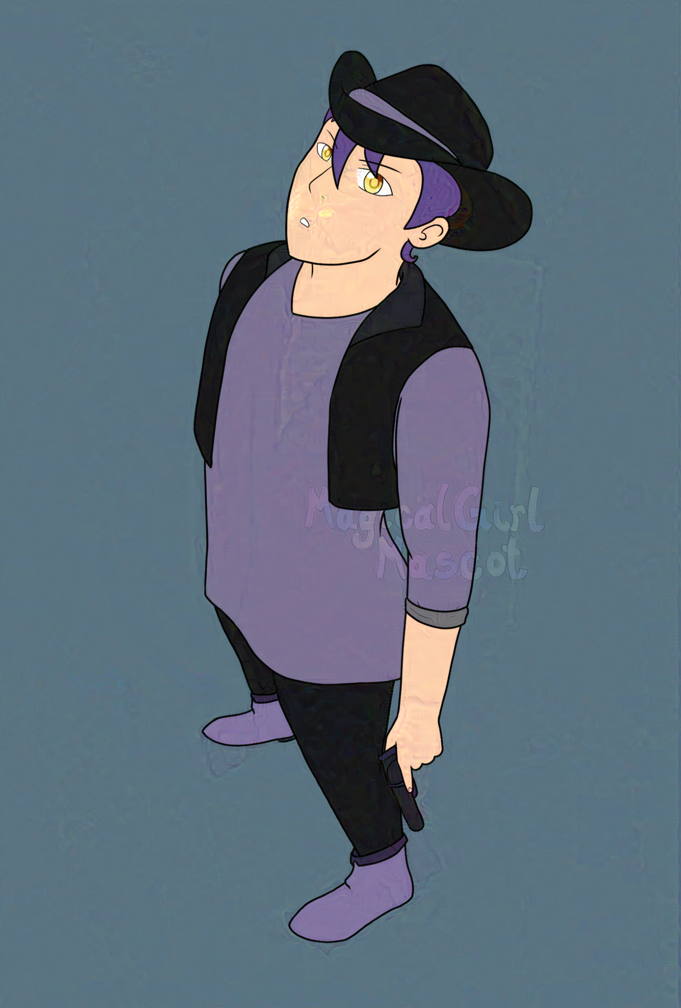 digital drawing of a young man with slicked back purple hair, yellow eyes, a long purple shirt with a cropped black vest, and a black cowboy hat. He's seen from above, frowning slightly, arms at his side. The one arm we can see is holding a gun pointed down.