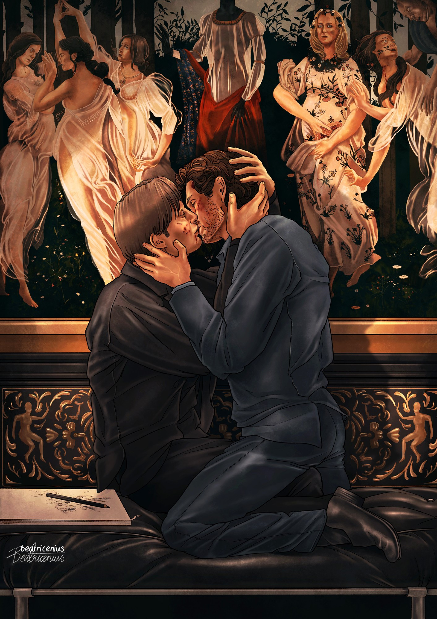 Hannigram kissing in front of the Primavera by Botticelli. The painting has been altered so the characters resemble Alana, Beverly, Margot, Bedelia, Abigail and Garret Jacob Hobbs, along with the stag man. 