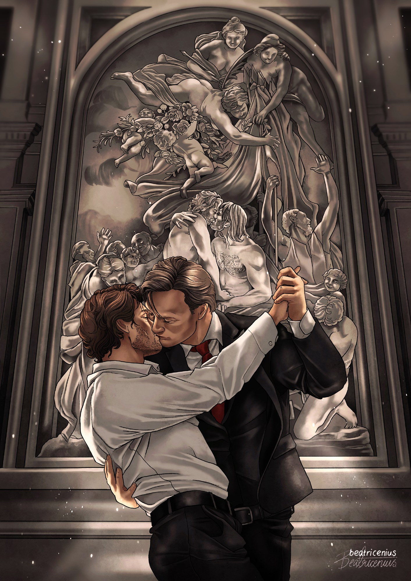 A drawing of Hannigram kissing passionately in front of Fraternité by Jules Dalou. The kissing men in the artwork has been changed to resemble Tristan and Galahad.