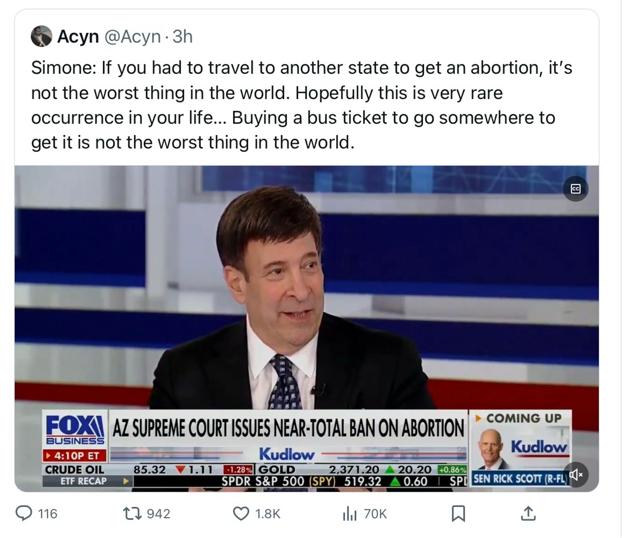 A tweet from Acyn featuring an interview with some assclown on Fox sporting an unfortunate haircut — perhaps MAGA Prince Valiant

Simone: If you had to travel to another state to get an abortion, it’s not the worst thing in the world. Hopefully this is very rare occurrence in your life… Buying a bus ticket to go somewhere to get it is not the worst thing in the world.