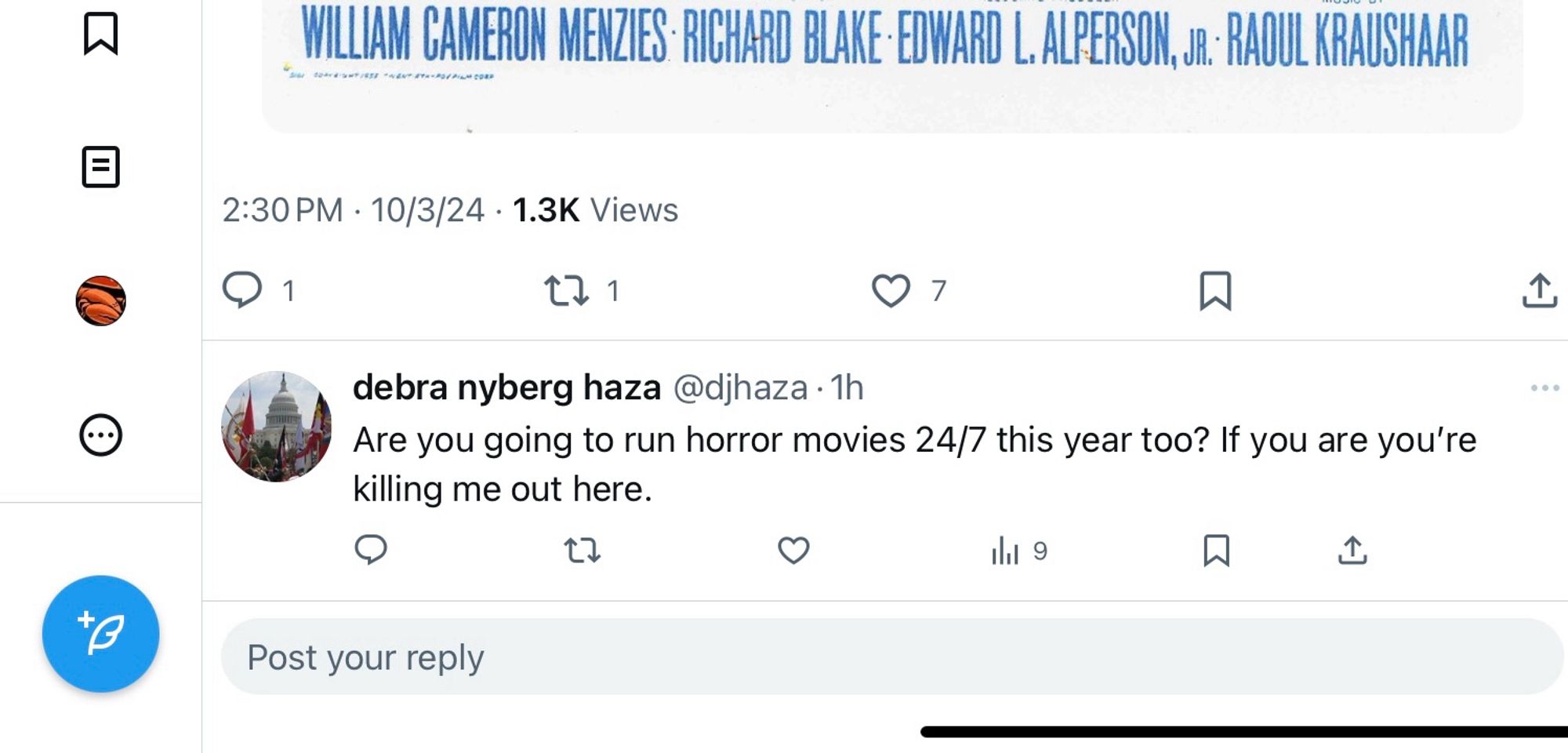 A Twitter twat asks of NextonTCM “are you going to run horror movies 24/7 this year too? If you are you’re killing me out here”