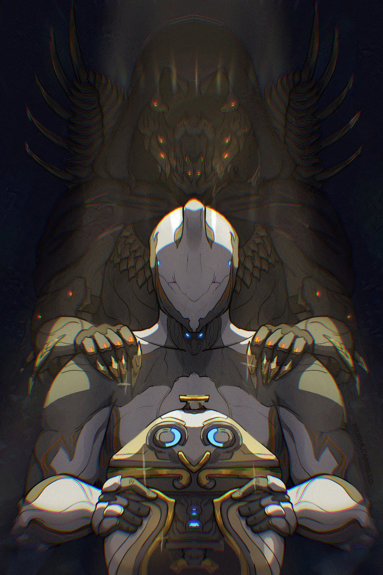 A "family" portrait featuring characters from Warframe; Ordis, Excalibur and Ordan Karris. The lighting is dark and dramatic, with Ordis and Excalibur illuminated by a single spotlight overhead whilst Ordan fades into the background.