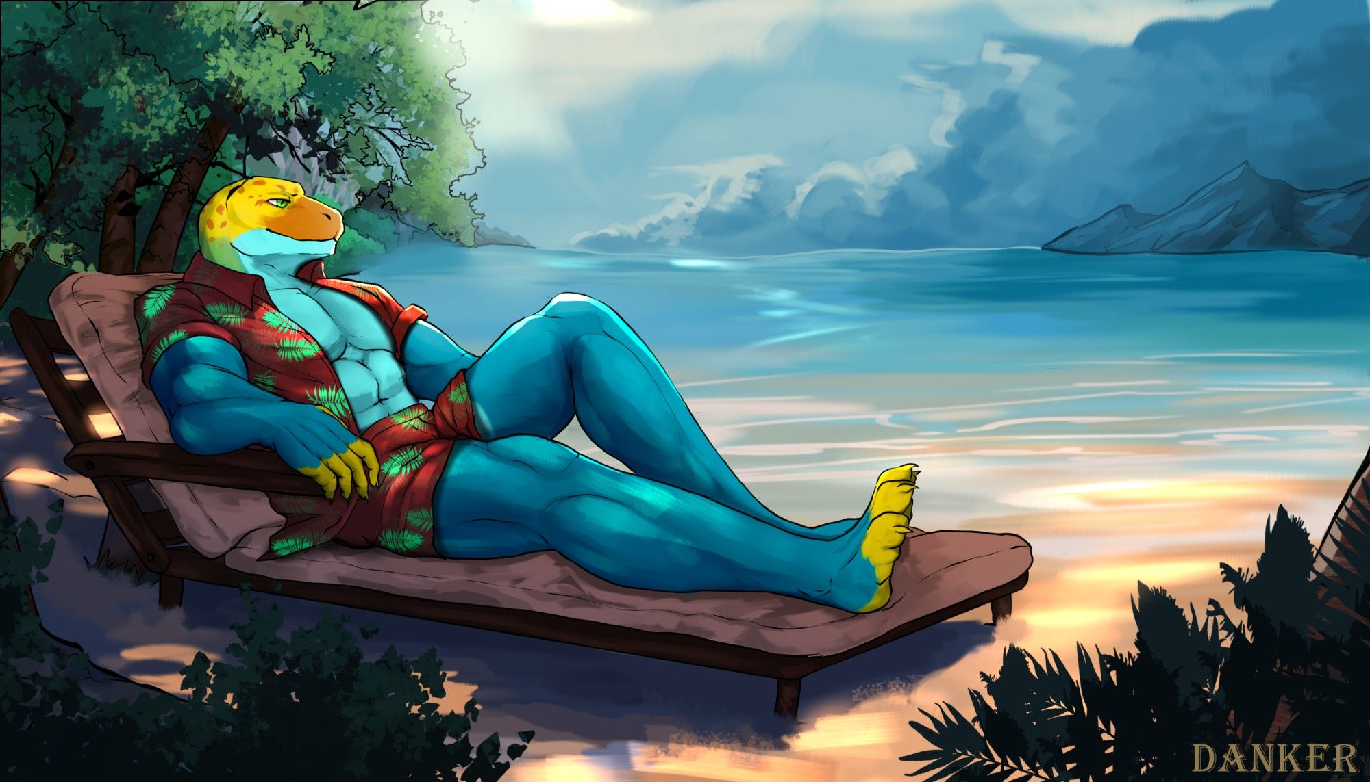 Monroe is sitting on a reclining chair by the shore, dressed in a red-and-green leaf patterned shirt and shorts. The shirt is open at the chest and abdomen.

A dramatic landscape unfolds behind the lizard: trees hanging over crystal-blue water, as a front of dark clouds rolls in from beyond the mountains. The silhouetted foliage in the foreground gives the impression that it is a rather secluded spot.