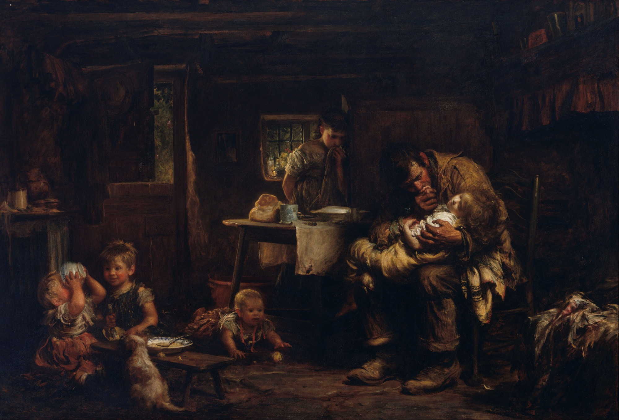 It shows a newly widowed man cradling his dying child.  He's attempting to stifle his crying, so the youngest children won't become upset.  His oldest child is watching quietly nearby.  

The Widower by Luke Fildes (1875)