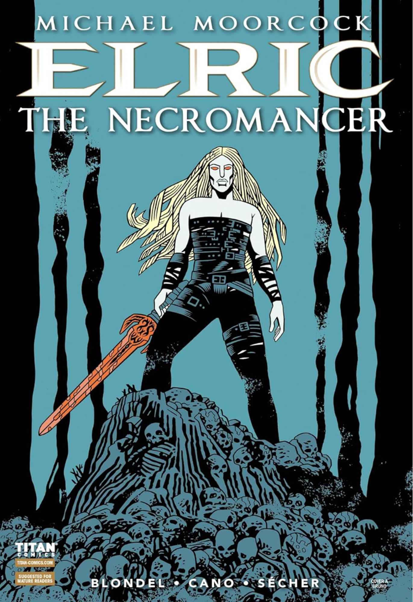 The cover of issue #2 of Elric the Necromancer. He's wearing some kind of...well, I don't know how exactly to describe his outfit. It's kind of like a bando. He's standing on top of a pile of human skeletons.