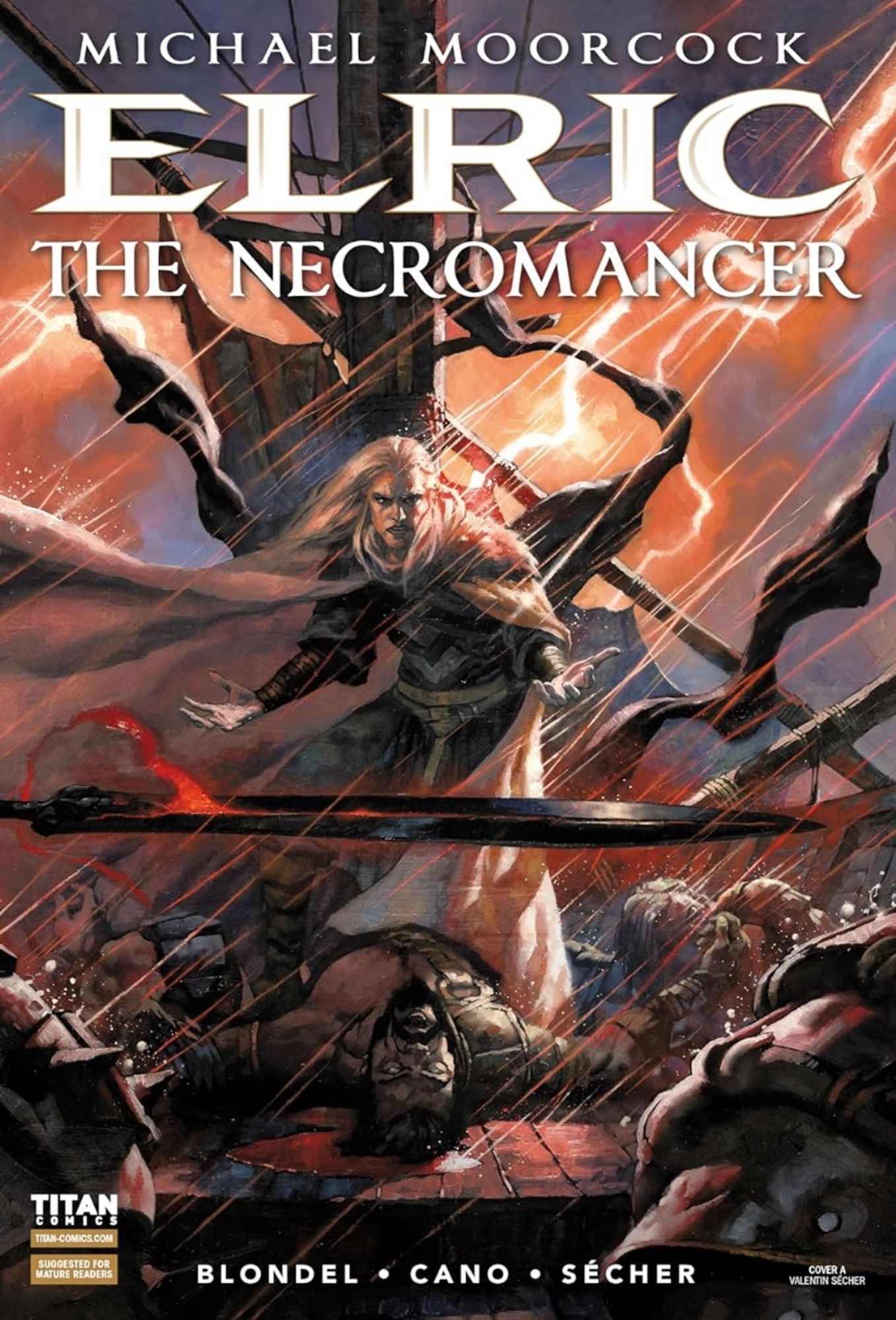 The cover of a comic titled Elric the Necromancer, featuring Moorcock's famous character with a bunch of dead guys on a storm tossed ship.