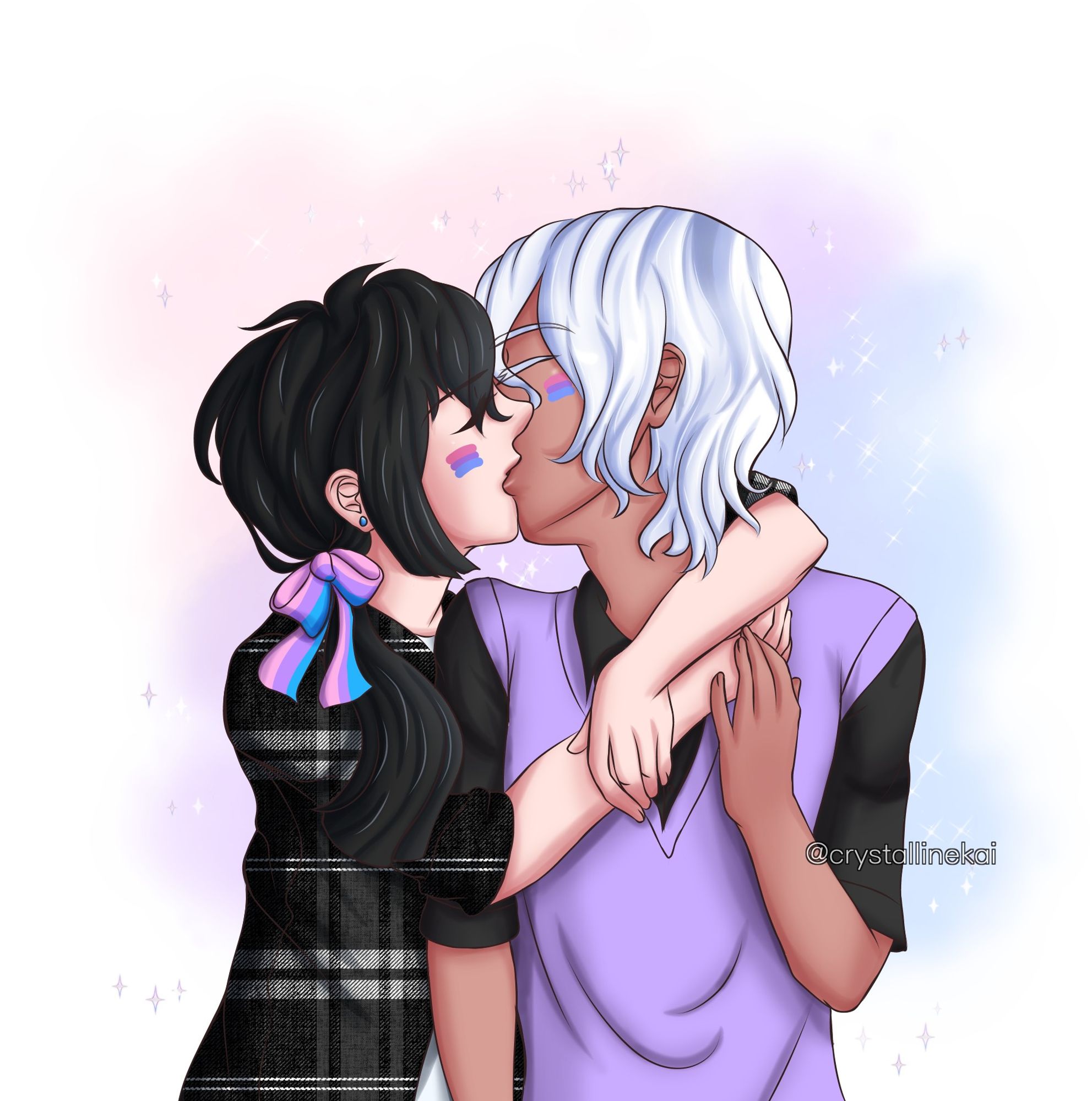 Vanitas and Noé kissing each other as they celebrate pride month