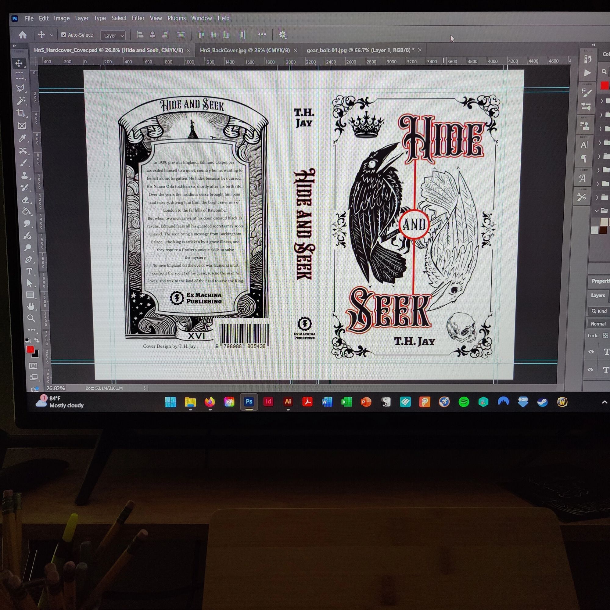 A screenshot of the Photoshop layout of the full cover design for Hide and Seek. Book release Sept. 16.