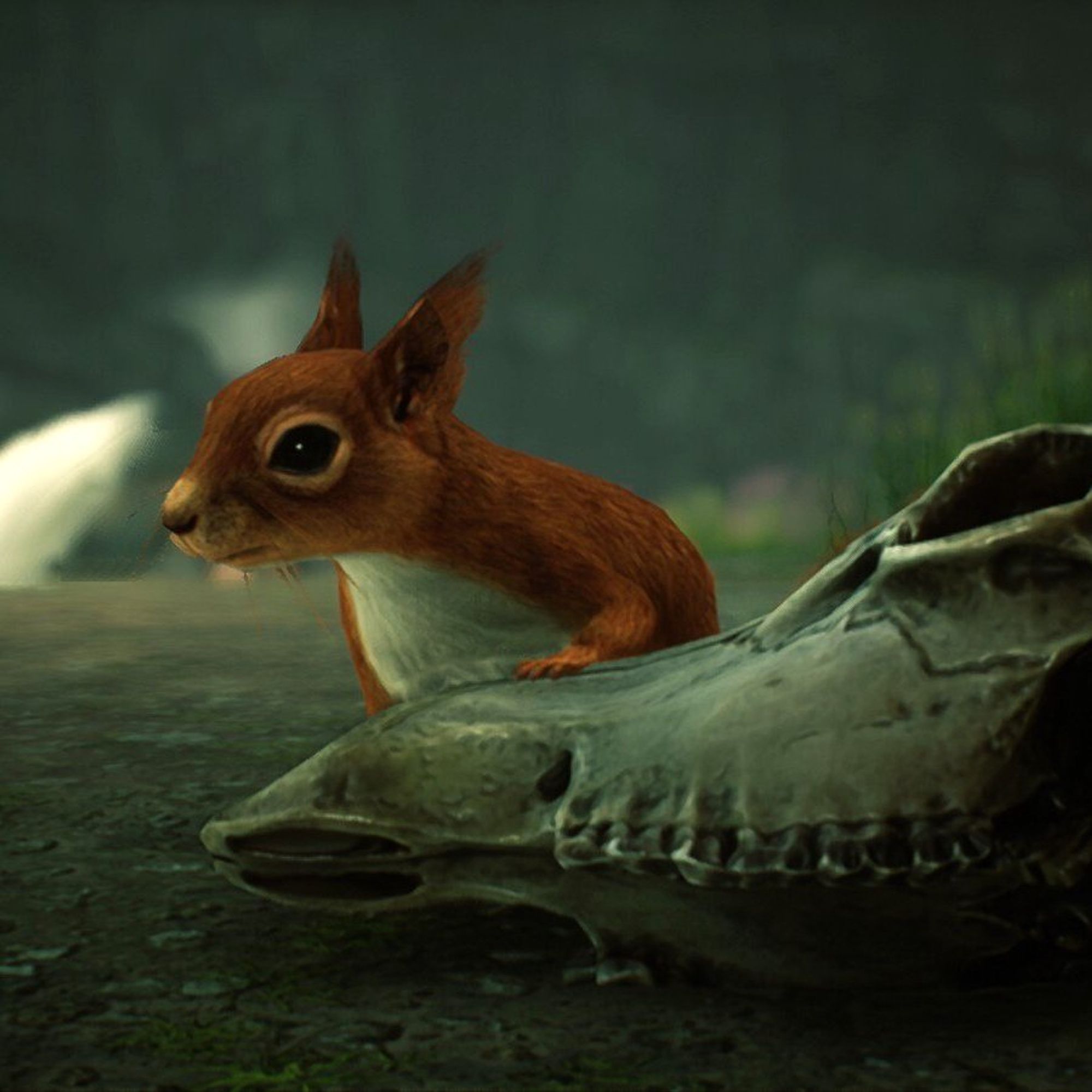 Virtual photography from Hogwarts Legacy. A small squirrel-like creature stands beside a skull in a mystical forest, capturing the enchanting and magical atmosphere of the game.