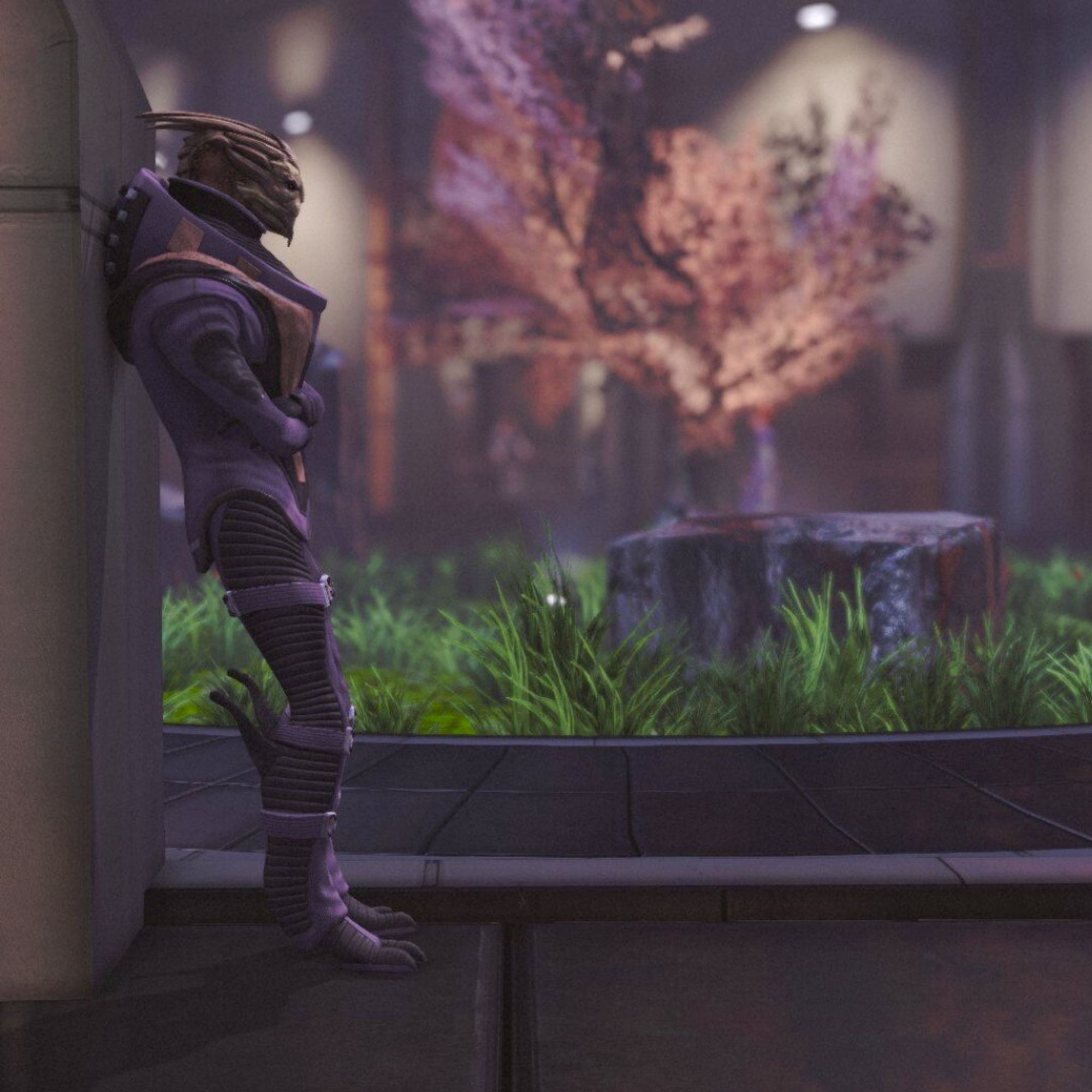 Virtual photography from Mass Effect. A Turian, likely Garrus Vakarian, leans against a wall in the Citadel, with a beautiful, softly lit cherry blossom tree in the background, capturing a moment of calm and reflection.