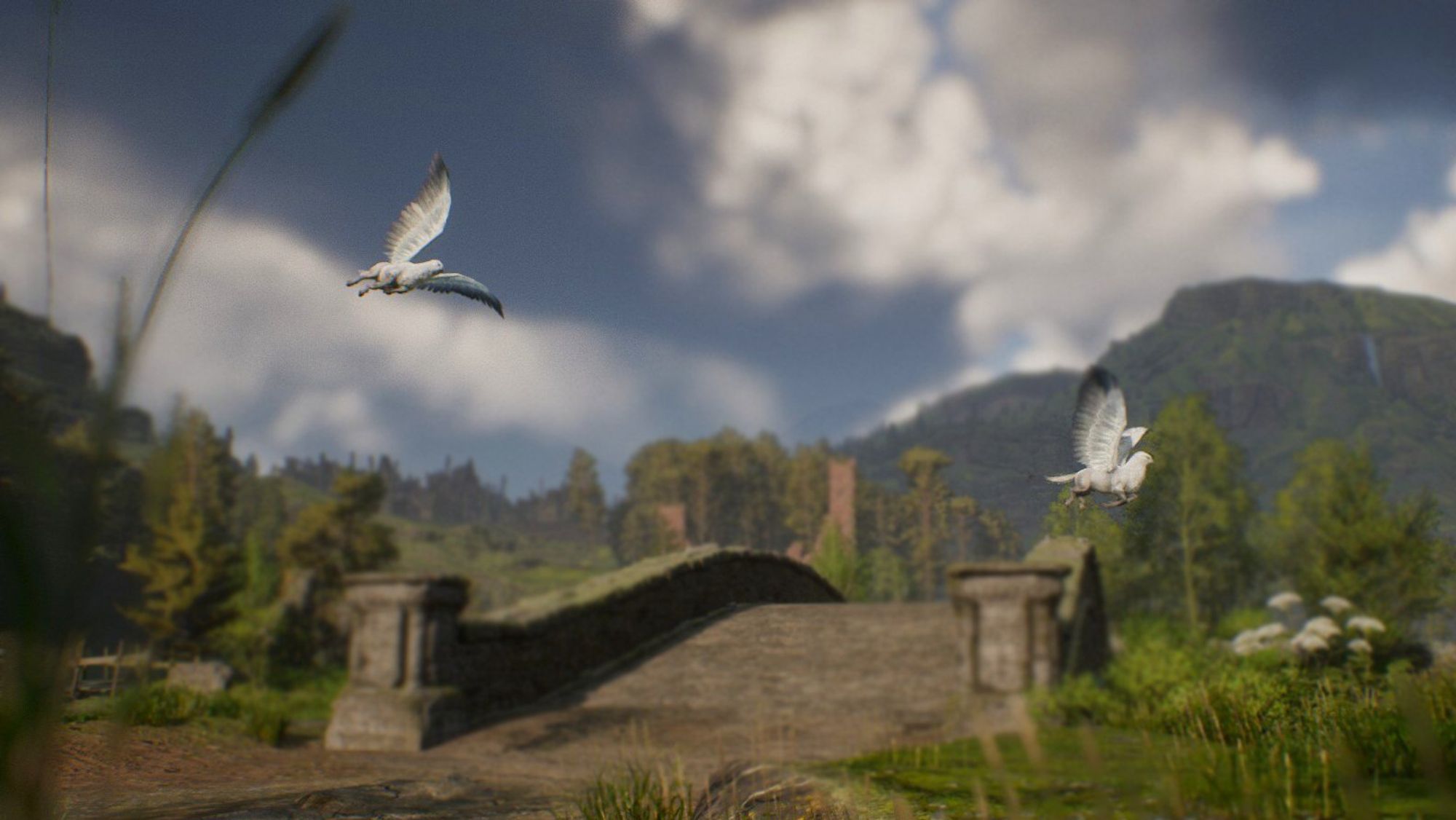 Two majestic Hippogriffs flying over an ancient stone bridge in a picturesque landscape from the game Hogwarts Legacy. The scene is set against a backdrop of lush greenery and distant mountains.