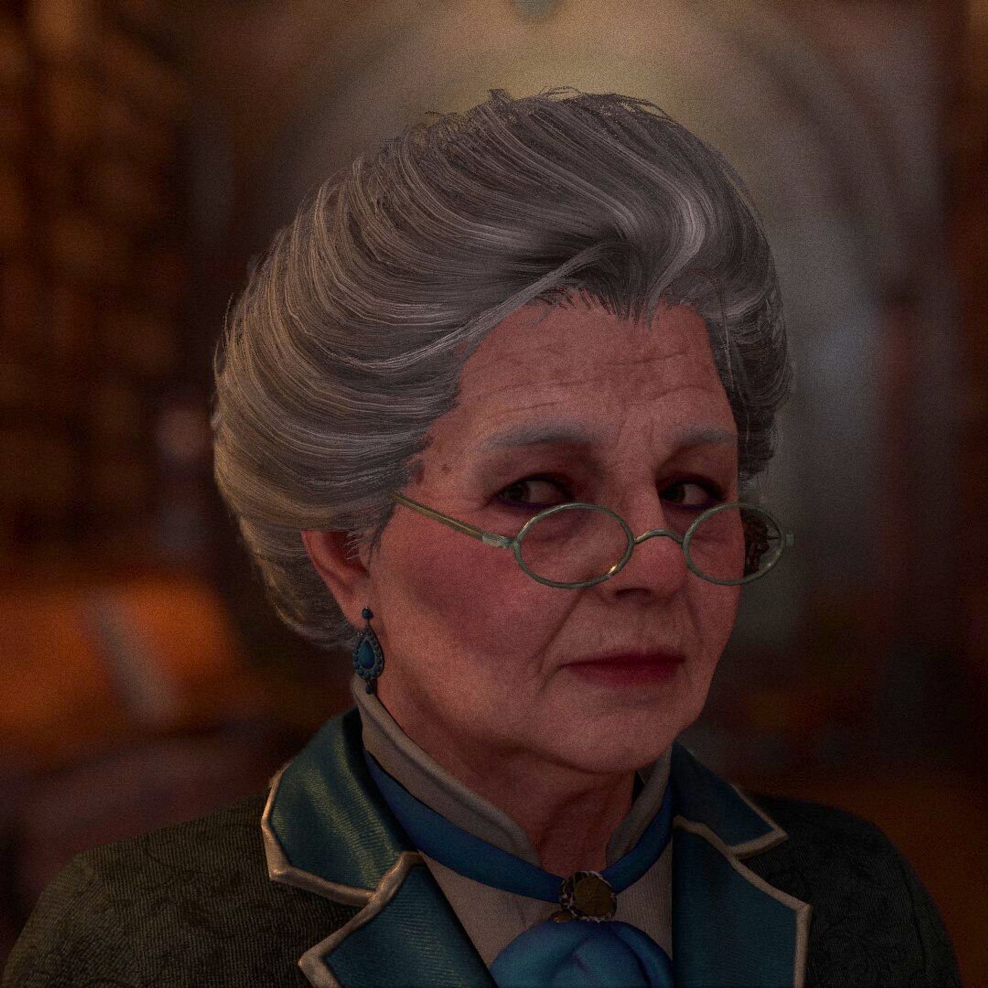 A close-up of the stern librarian in the Hogwarts library from the game Hogwarts Legacy. She has gray hair, wears round glasses, and a blue and green outfit. Her serious expression shows she's not one to mess with.