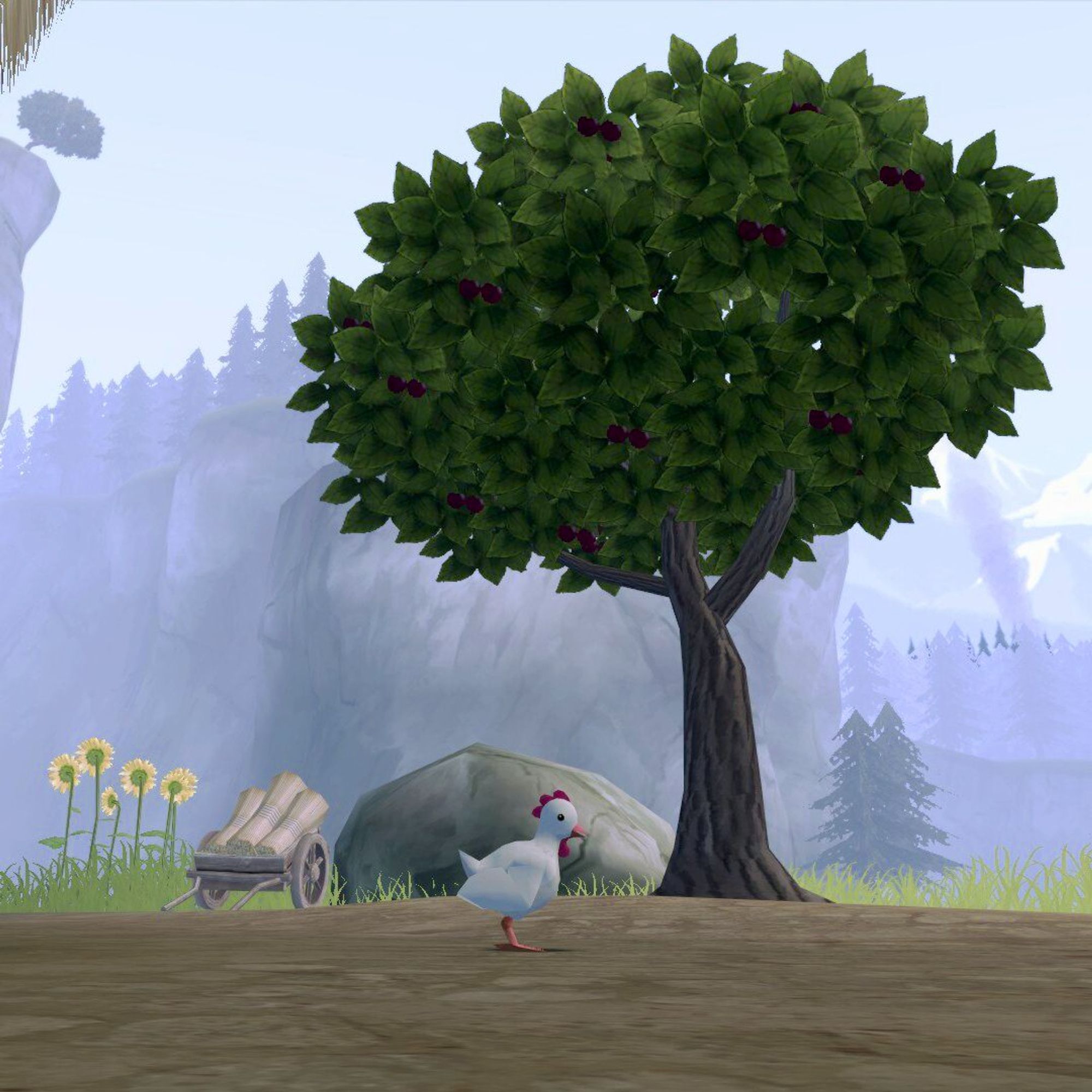 A scenic image from the game Mini Ninjas featuring a white chicken standing near a cherry tree full of ripe cherries, with a quaint cart and some sunflowers in the background, set against a backdrop of misty mountains and forests.