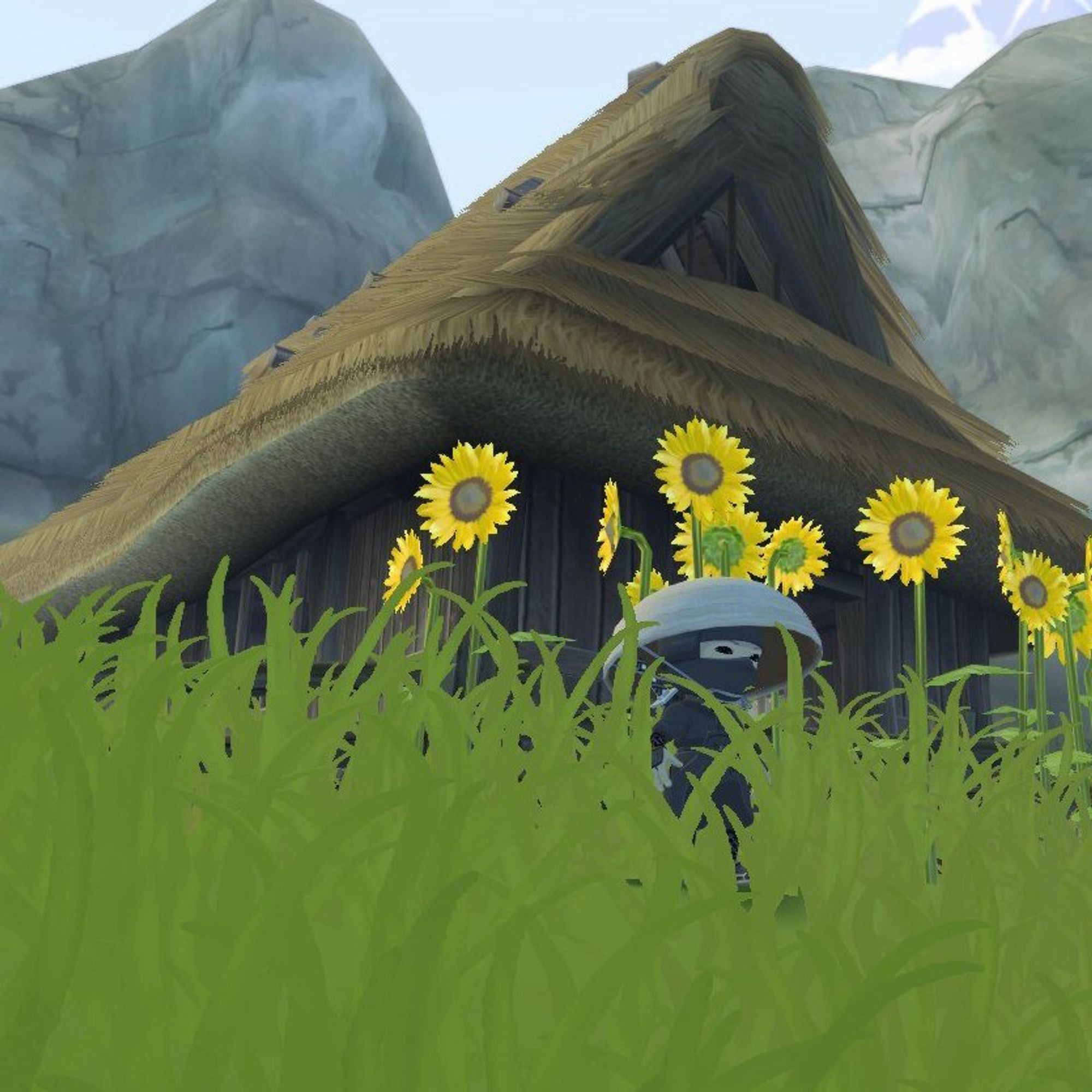 Alt text: A ninja from Mini Ninjas game hiding among tall grass and sunflowers, with a thatched-roof house in the background, creating a serene and peaceful atmosphere.