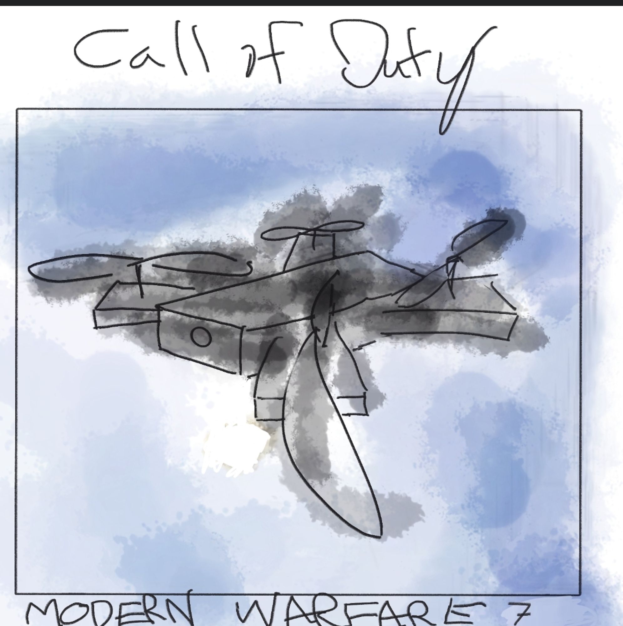 Framed in a square is a bad doodle of a box drone with 4 propellers. Badly written words are above and below the square, they read: 
Call of Duty
Modern Warfare 7