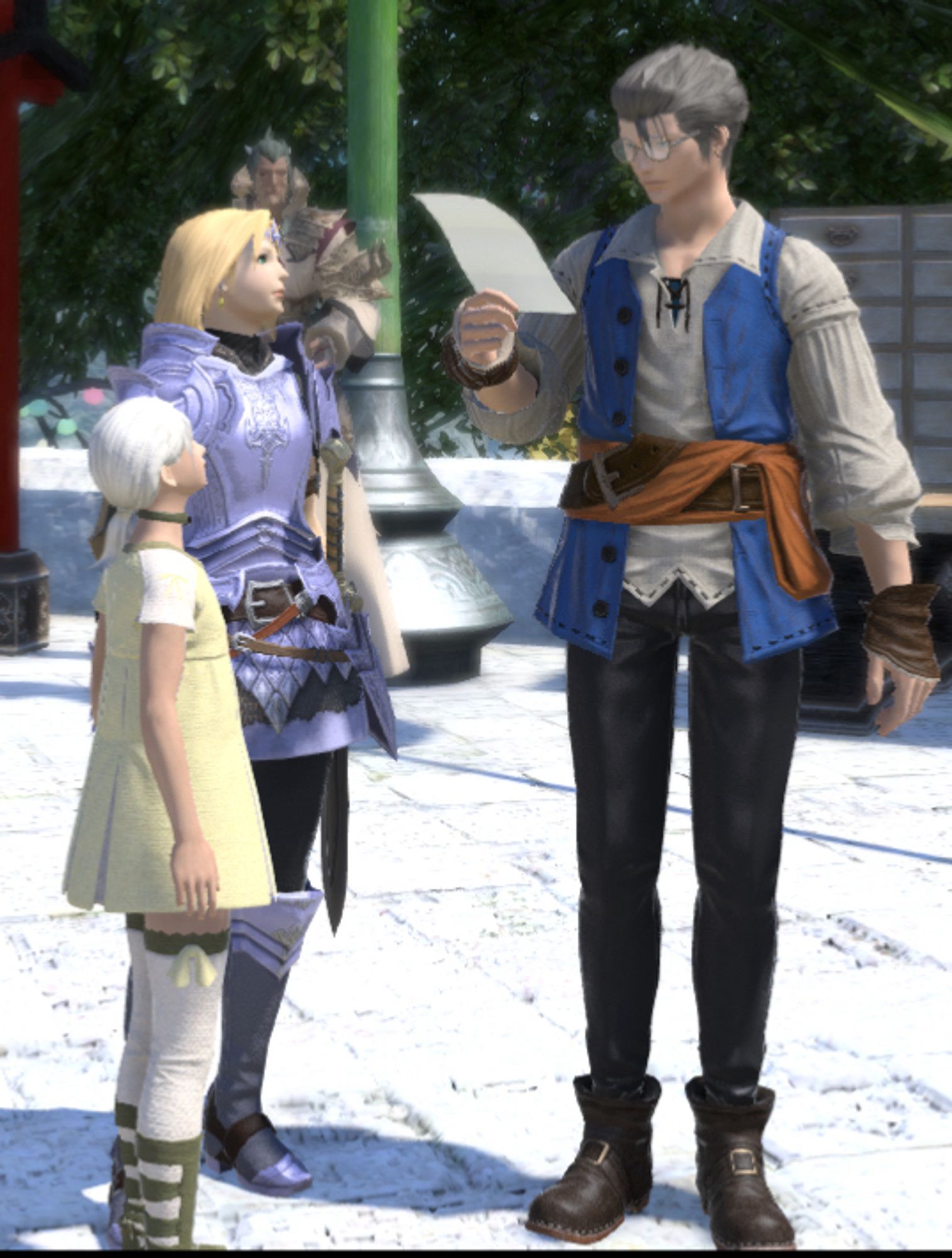 A merchant npc and his daughter with the warrior of light, from the 2024 FFXIV Heavensturn event.