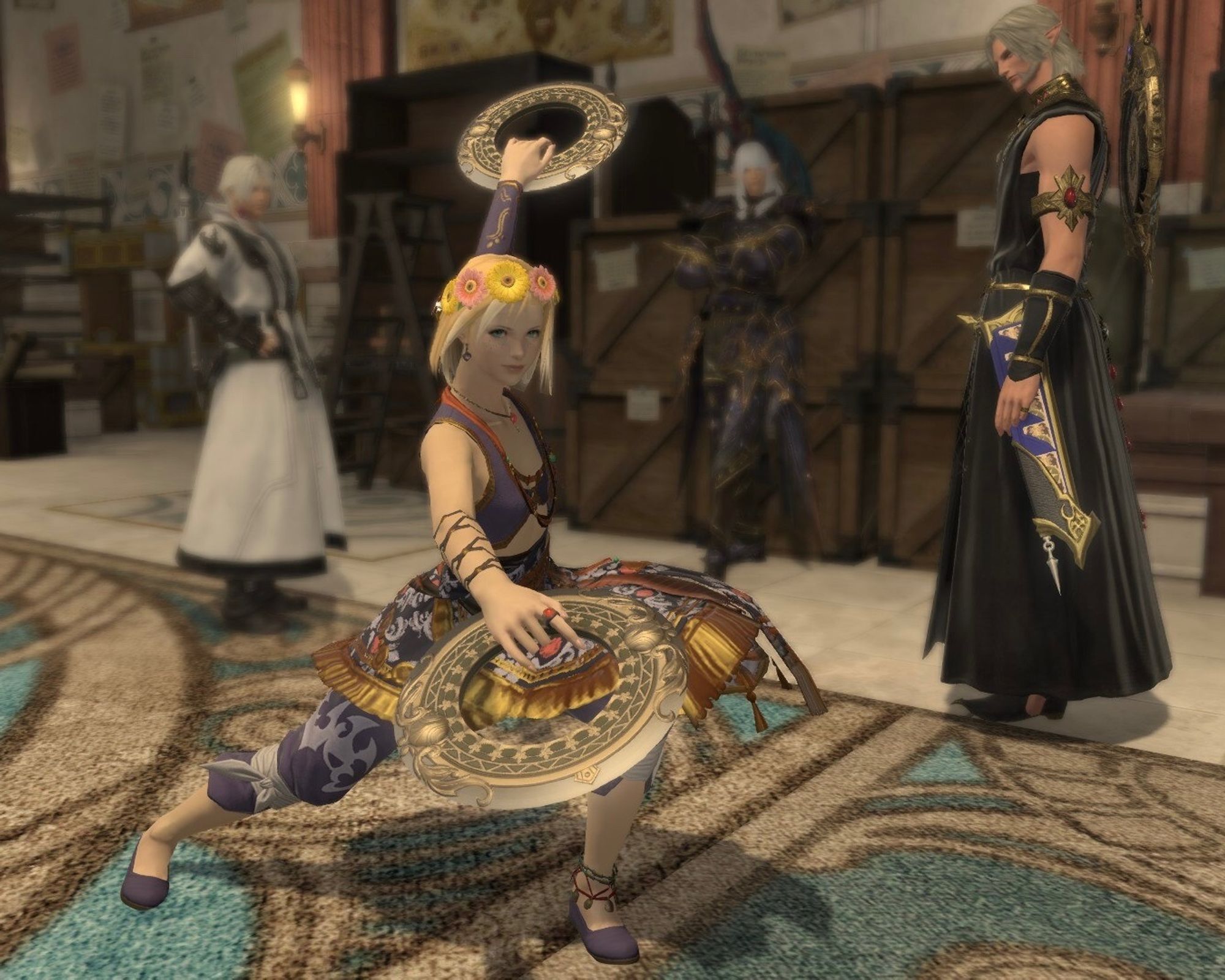 The FFXIV Warrior of Light striking a pose with Dancer weapons. Thancred, Estinien, and Urianger are in the background.