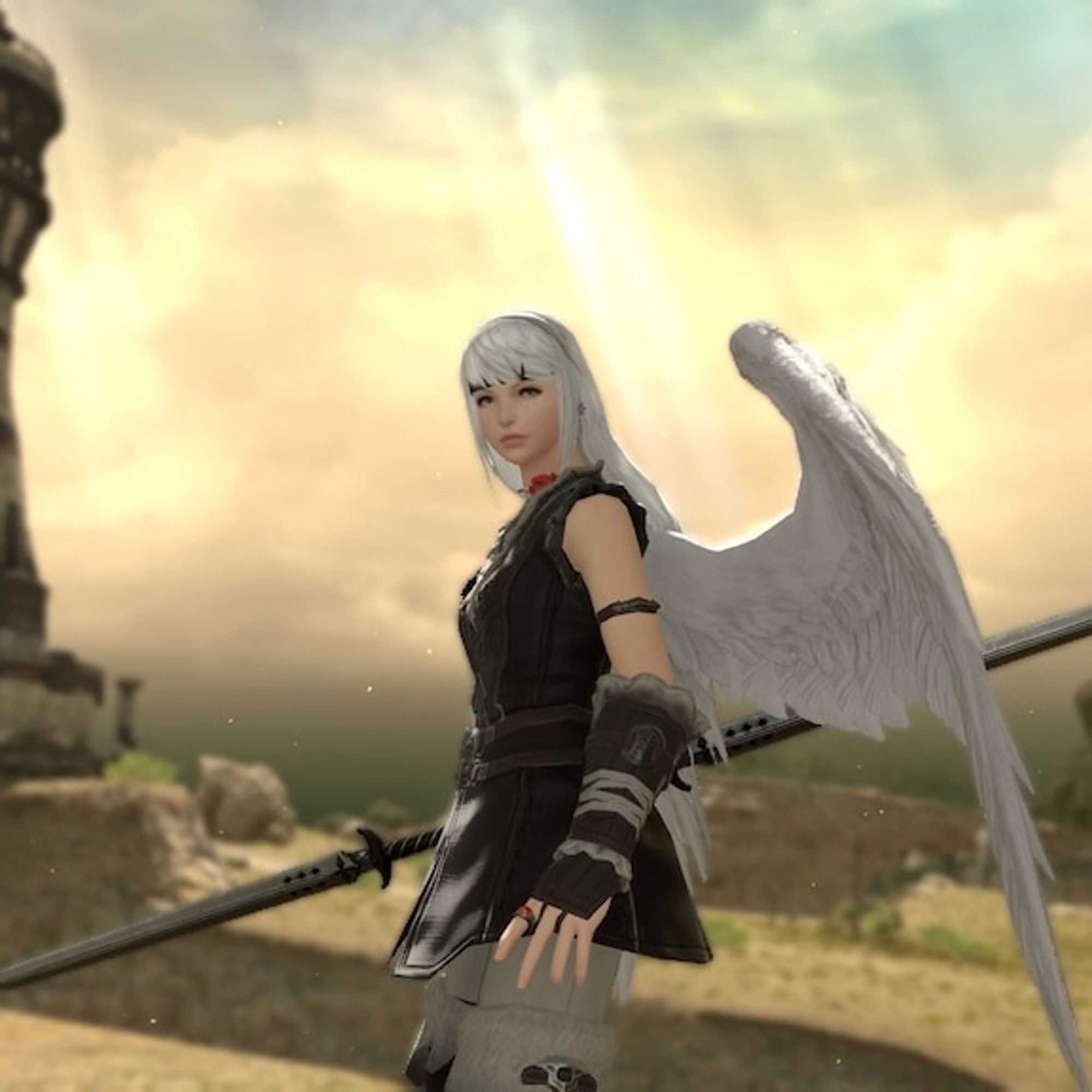 A woman in leather armor with long white hair and white wings brandishing a double bladed sword. The background is an unnaturally bright sky.